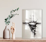 A black and white painting of a ship - Vitrine Furniture - Décor