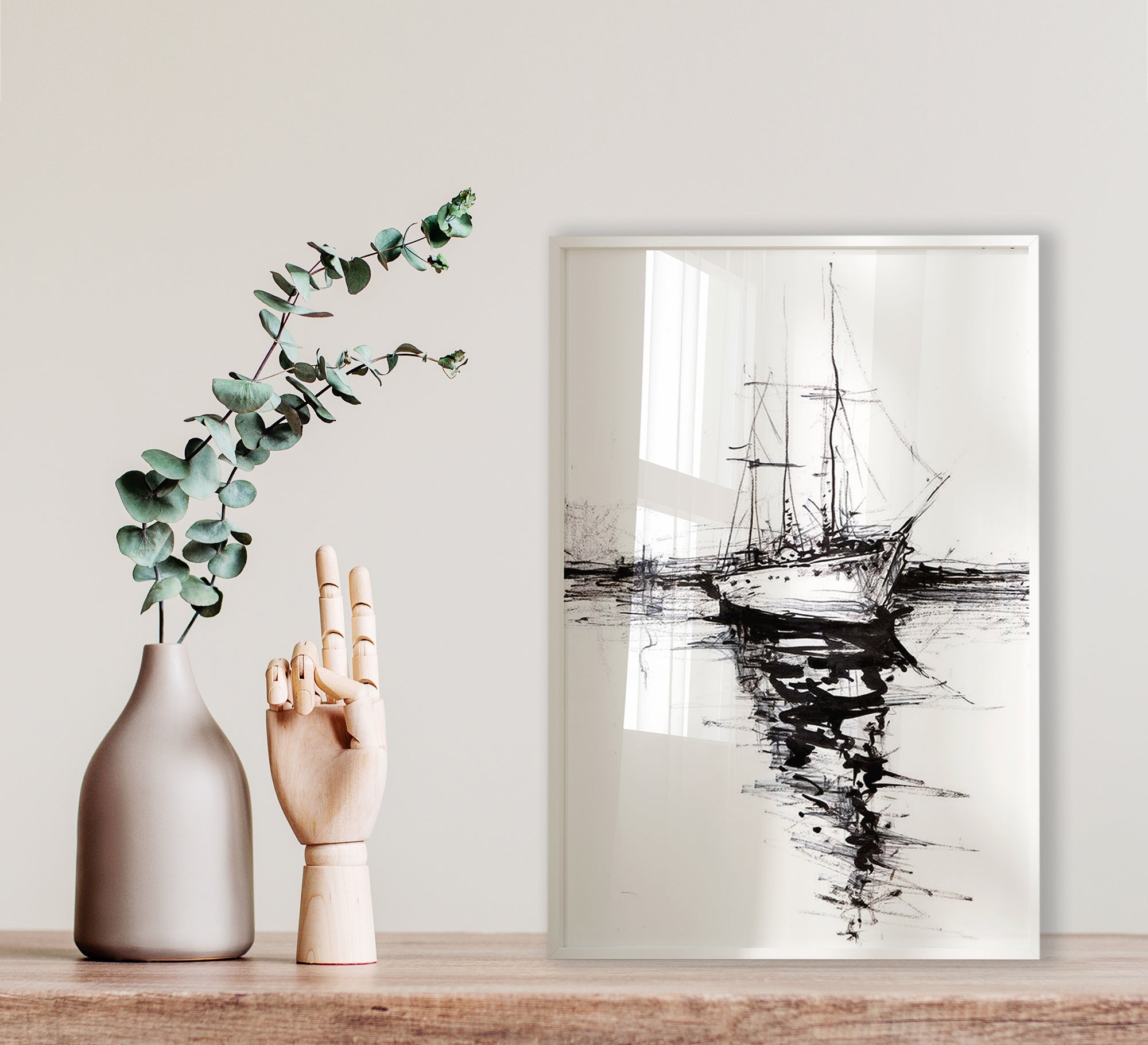 A black and white painting of a ship - Vitrine Furniture - Décor