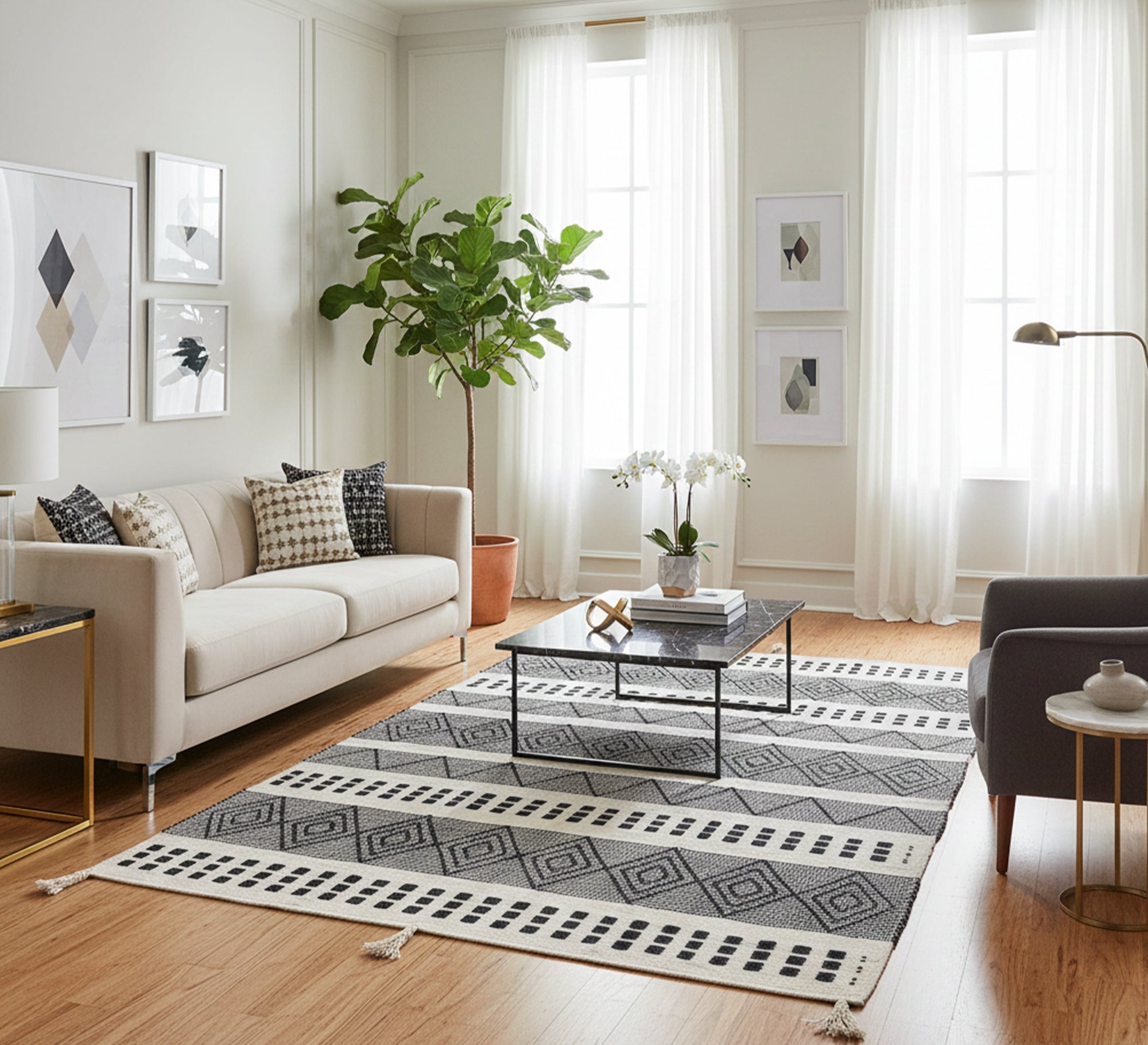 A black and white rug with diamond and rectangular shapes - Vitrine Furniture - Accessories