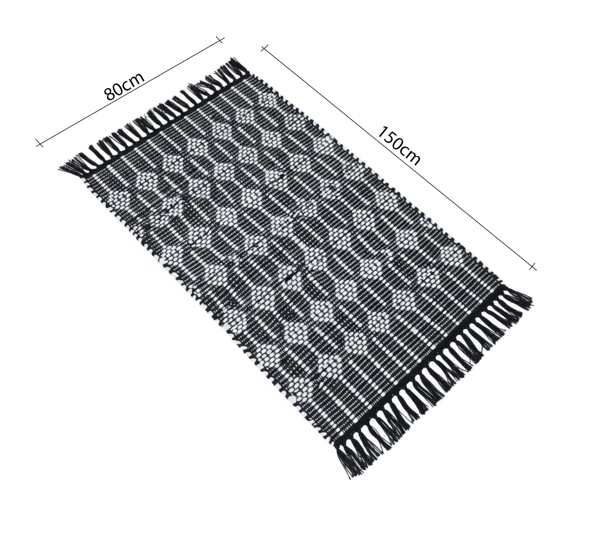 A black rug with white patterns and elegant fringe. - Vitrine Furniture - Accessories
