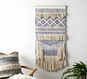 A blue and beige runner with diamond patterns and tassels - Vitrine Furniture - Accessories