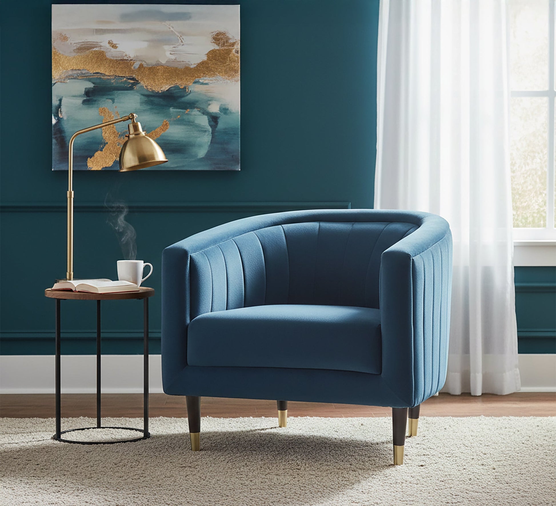 A blue floral chair with longitudinal stitching from the inside and outside - Vitrine Furniture - Chairs & Chaise lounge