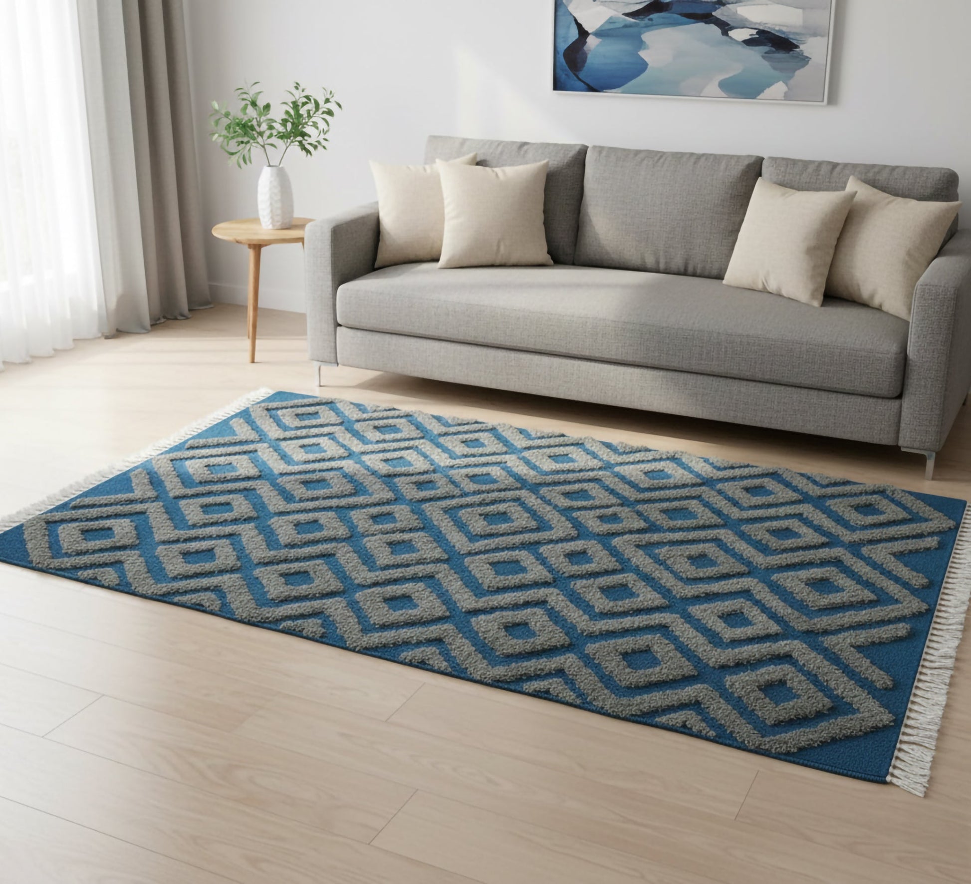 A blue rug with wide geometric square gray patterns - Vitrine Furniture - Accessories