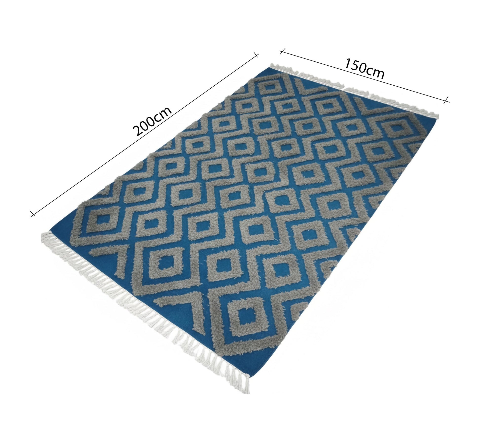 A blue rug with wide geometric square gray patterns - Vitrine Furniture - Accessories