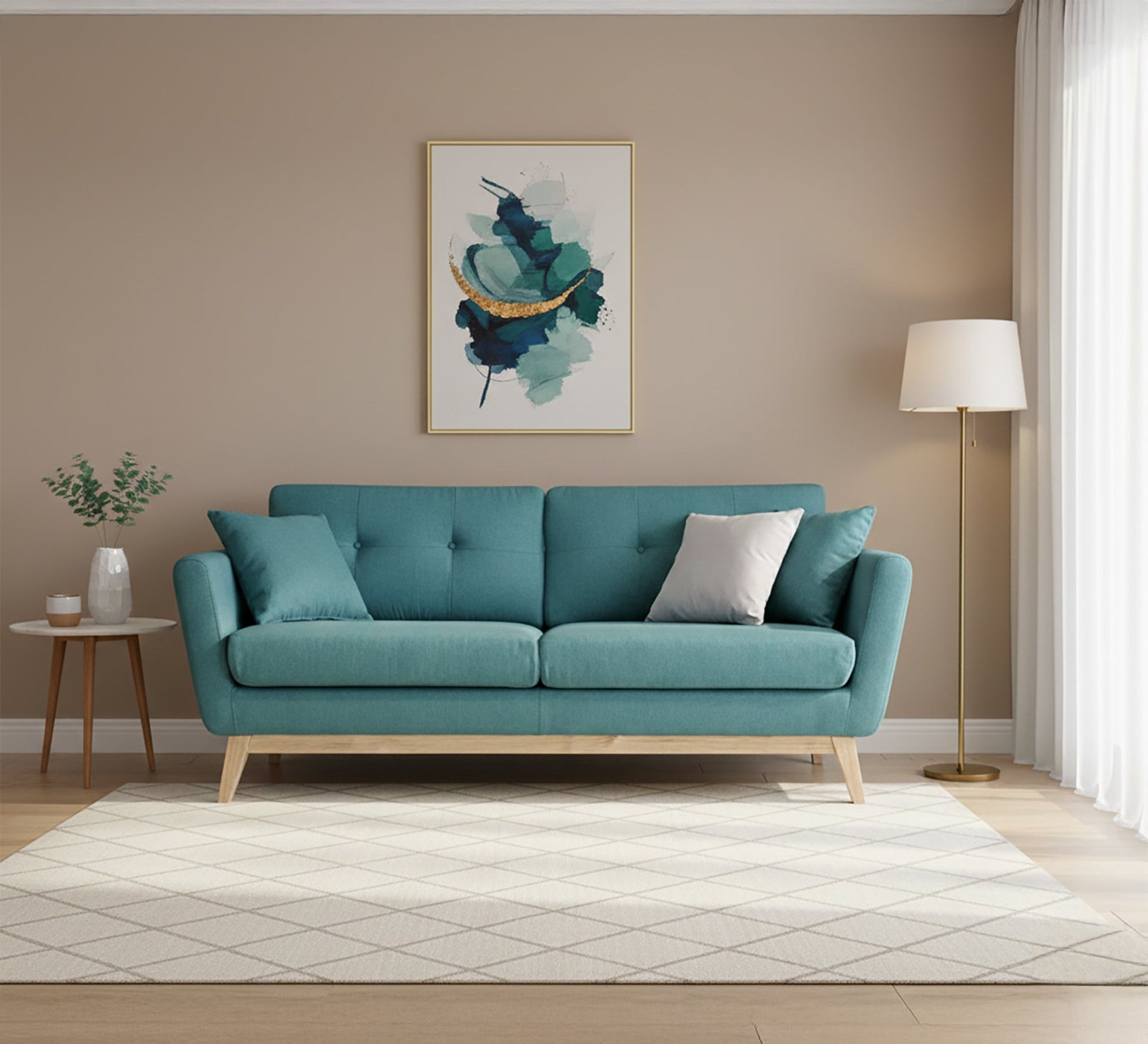 A blue sofa with light wooden legs - Vitrine Furniture - Living room Sofas