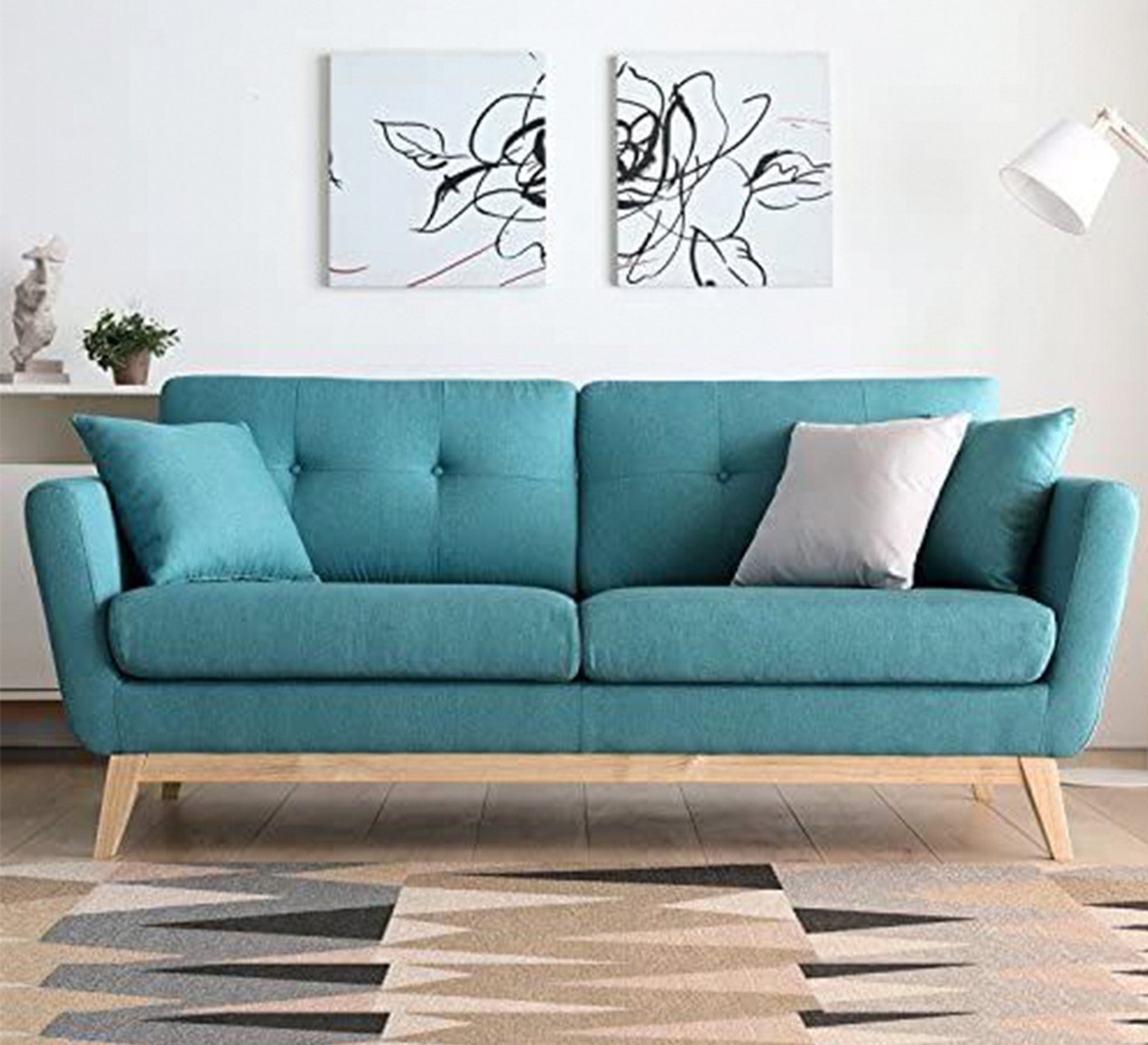 A blue sofa with light wooden legs - Vitrine Furniture - Living room Sofas