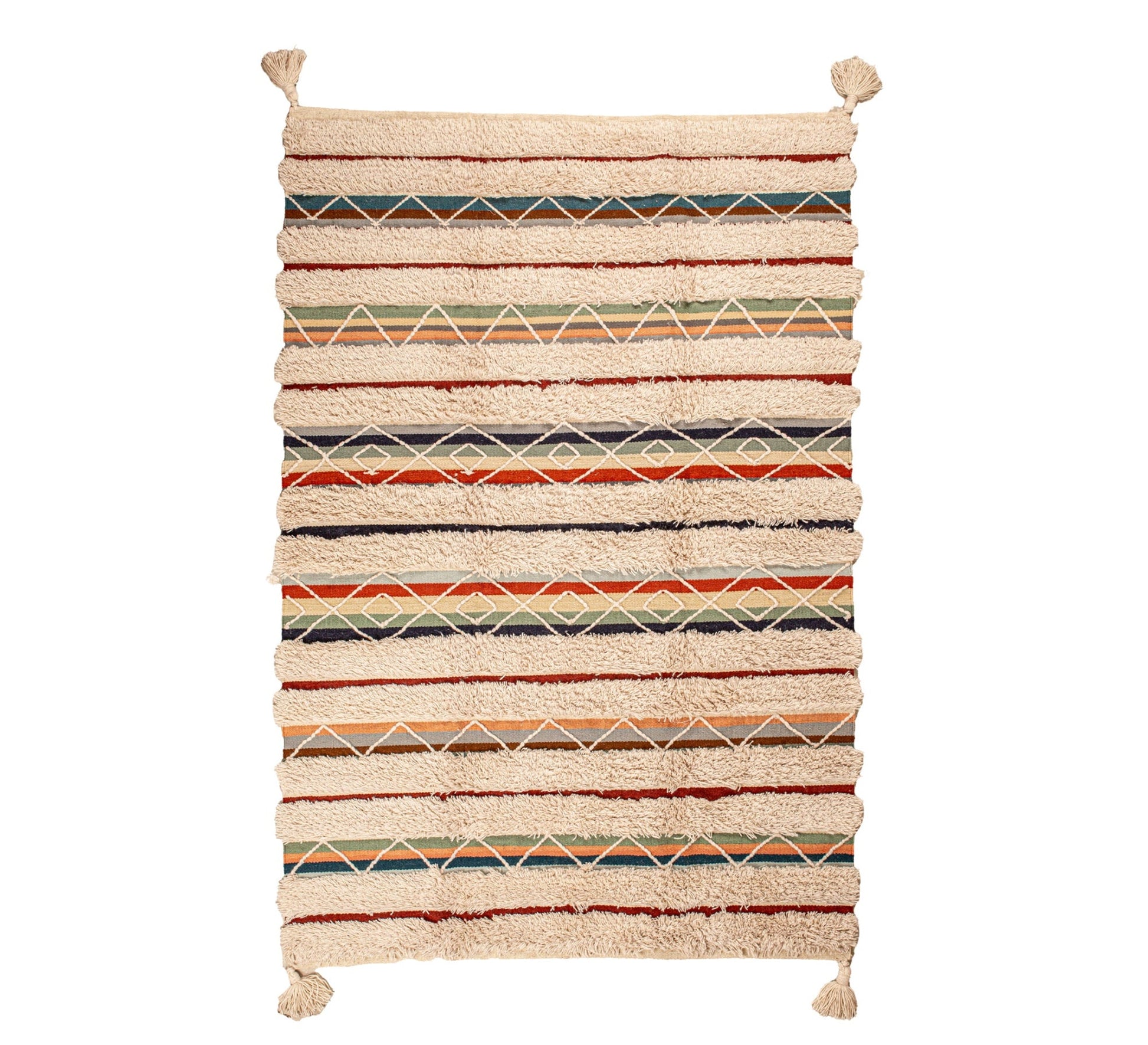 A bohemian wool rug with colorful stripes and fringes - Vitrine Furniture - Accessories