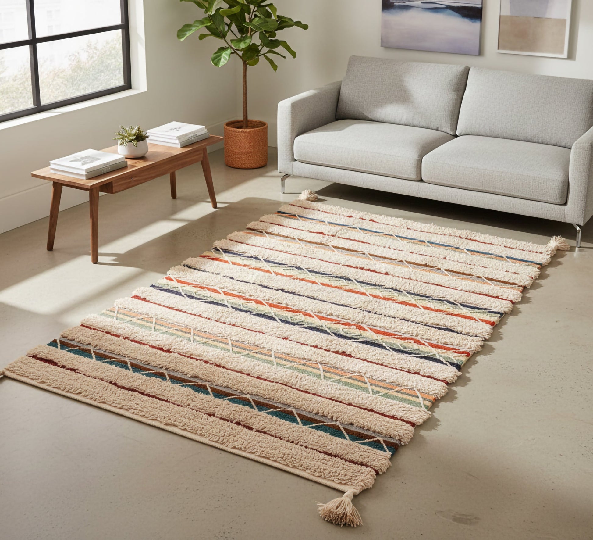 A bohemian wool rug with colorful stripes and fringes - Vitrine Furniture - Accessories