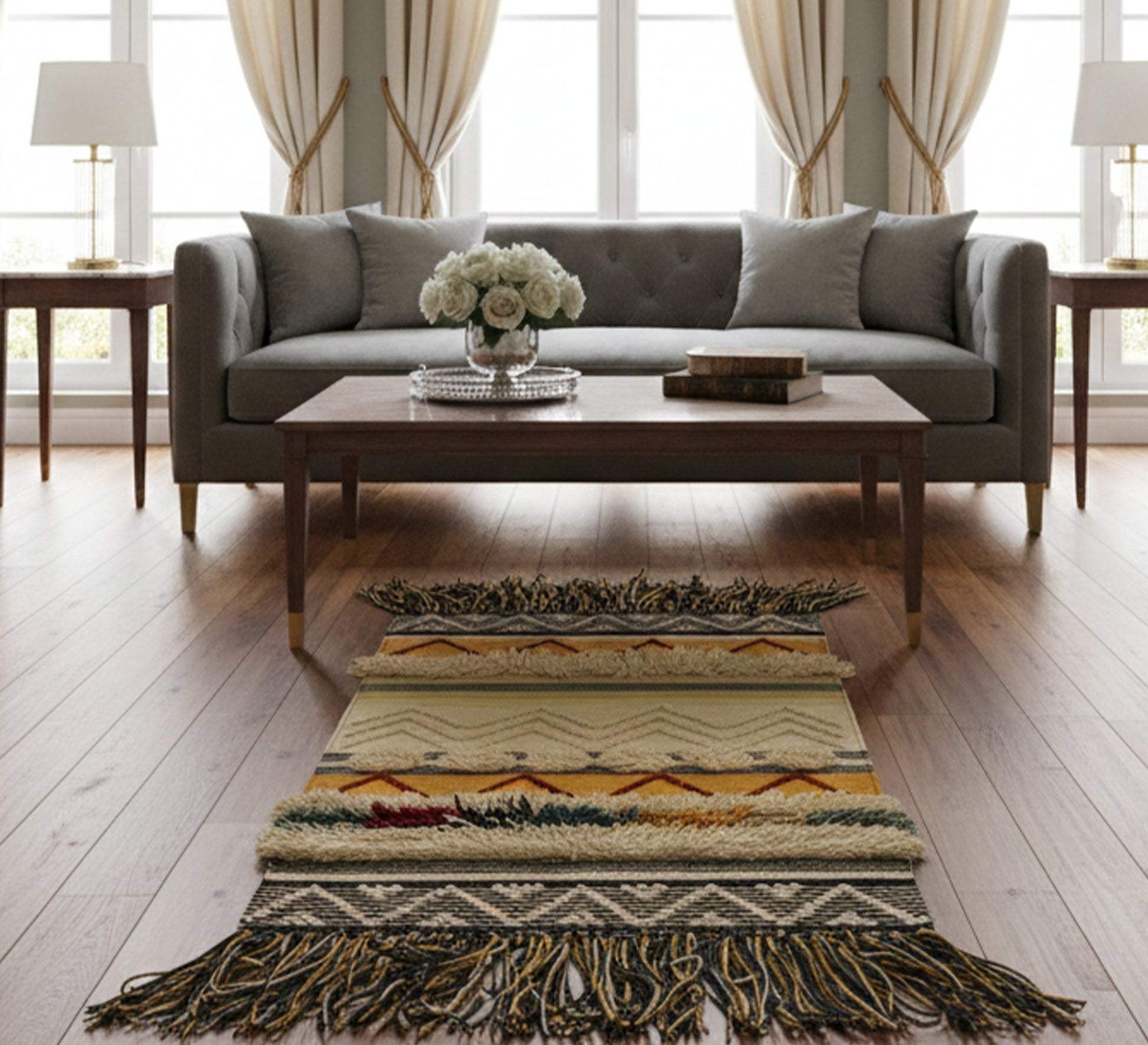 A bohemian wool rug with yellow patterns and fringe - Vitrine Furniture - Accessories
