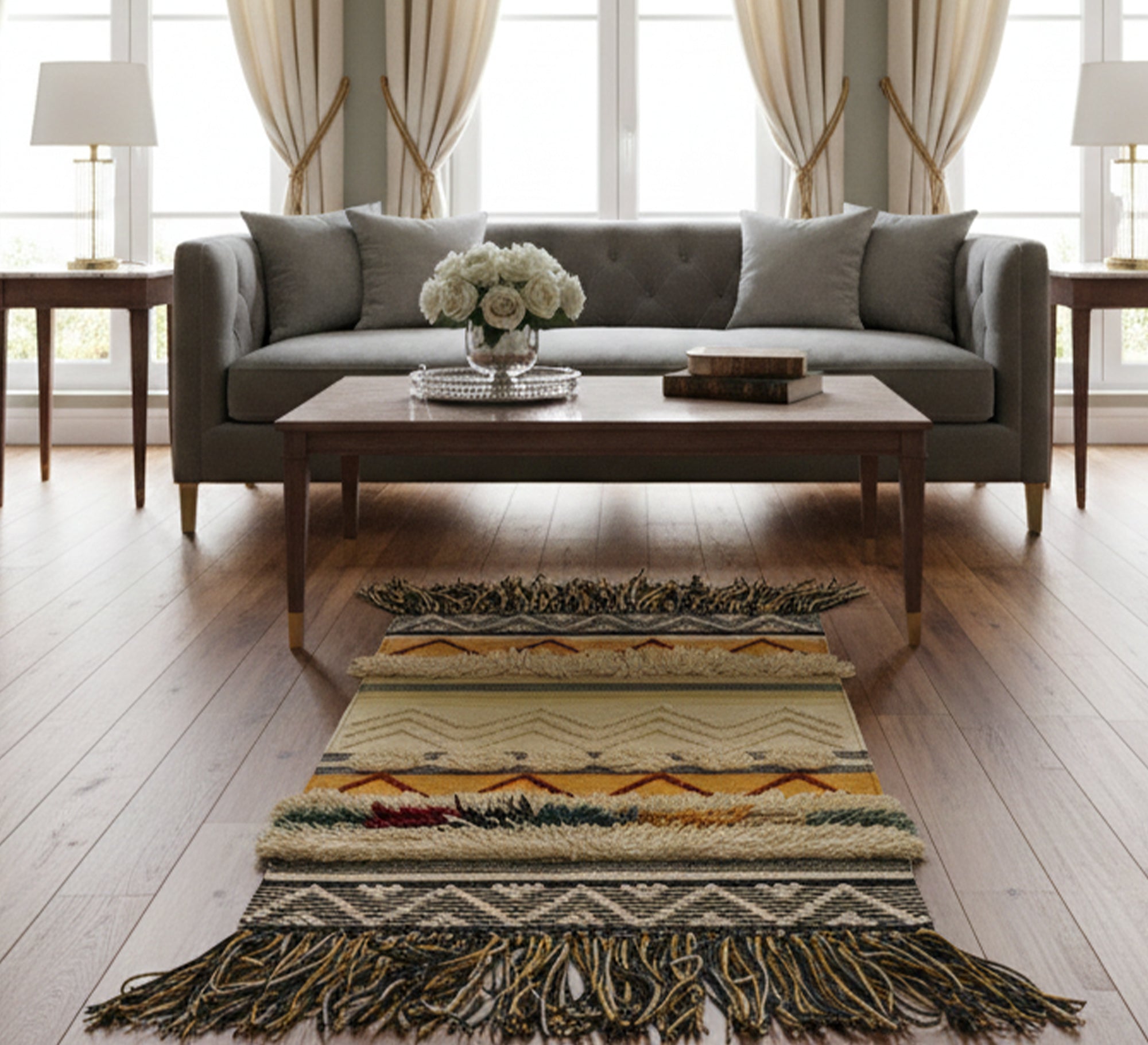 A bohemian wool rug with yellow patterns and fringe - Vitrine Furniture - Accessories