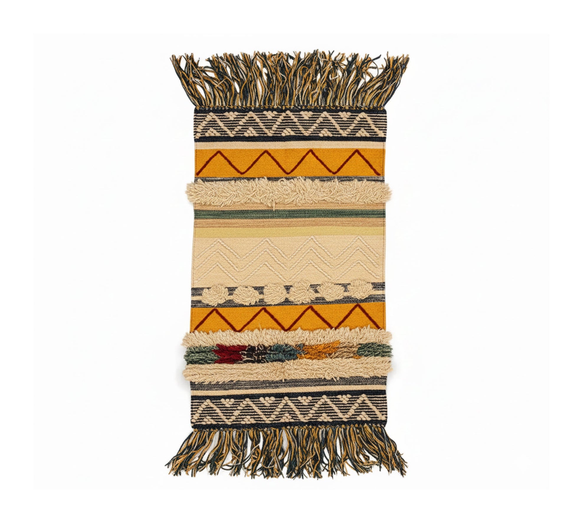 A bohemian wool rug with yellow patterns and fringe - Vitrine Furniture - Accessories