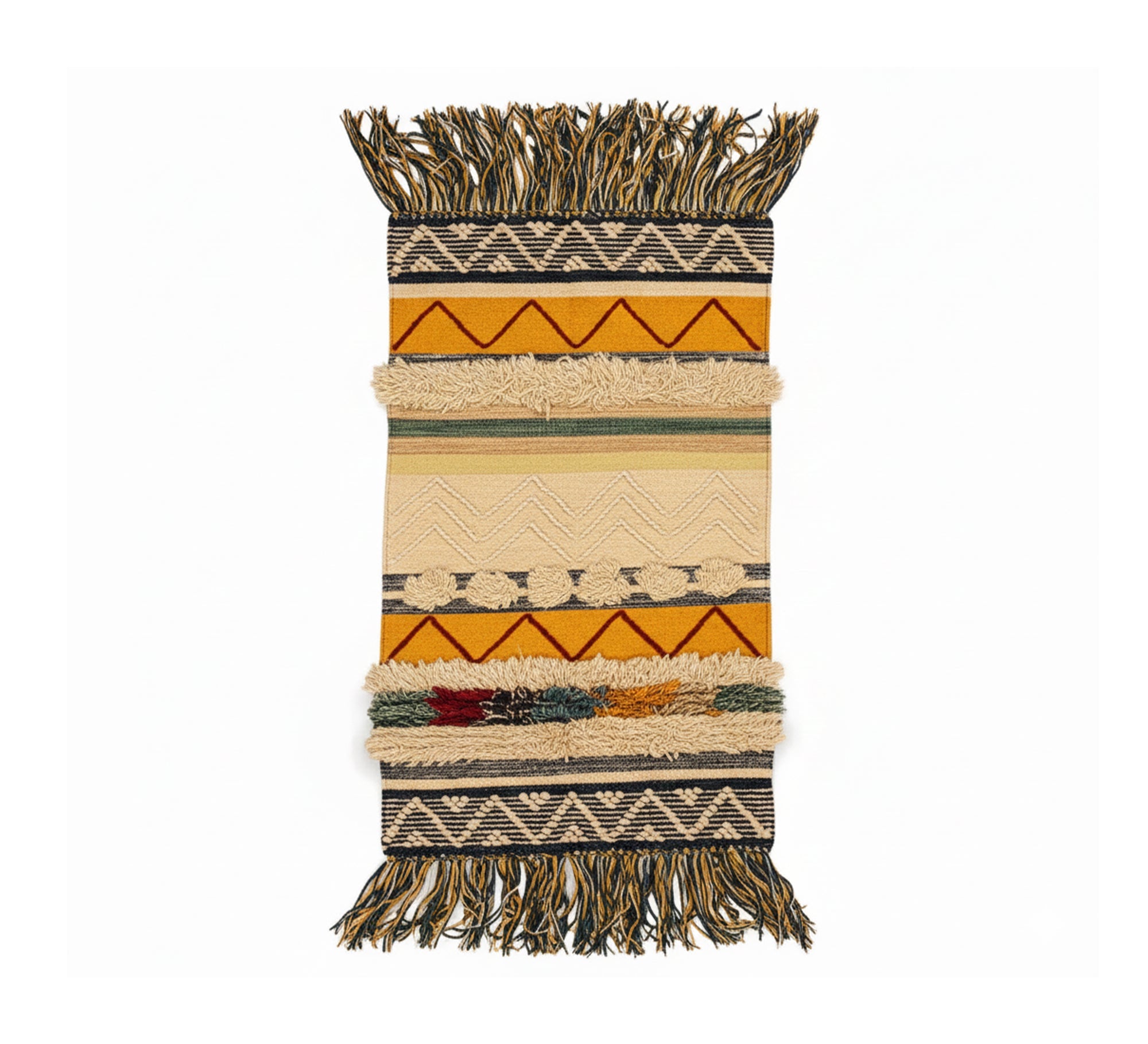 A bohemian wool rug with yellow patterns and fringe - Vitrine Furniture - Accessories