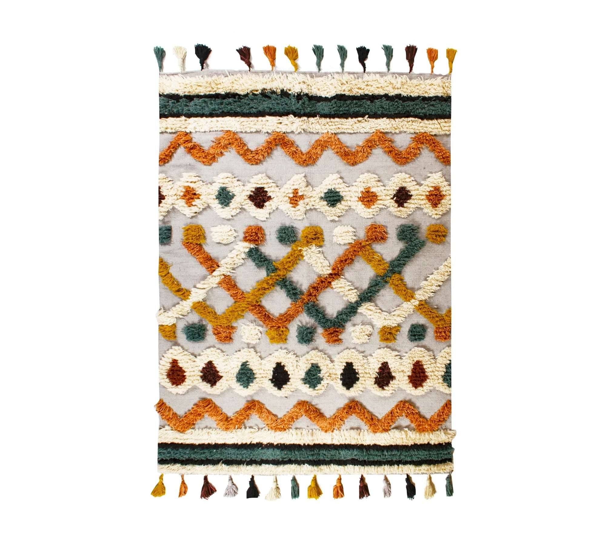 A boho rug with geometric patterns and bold colors, featuring multiple fringes - Vitrine Furniture - Accessories