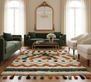 A boho rug with geometric patterns and bold colors, featuring multiple fringes - Vitrine Furniture - Accessories