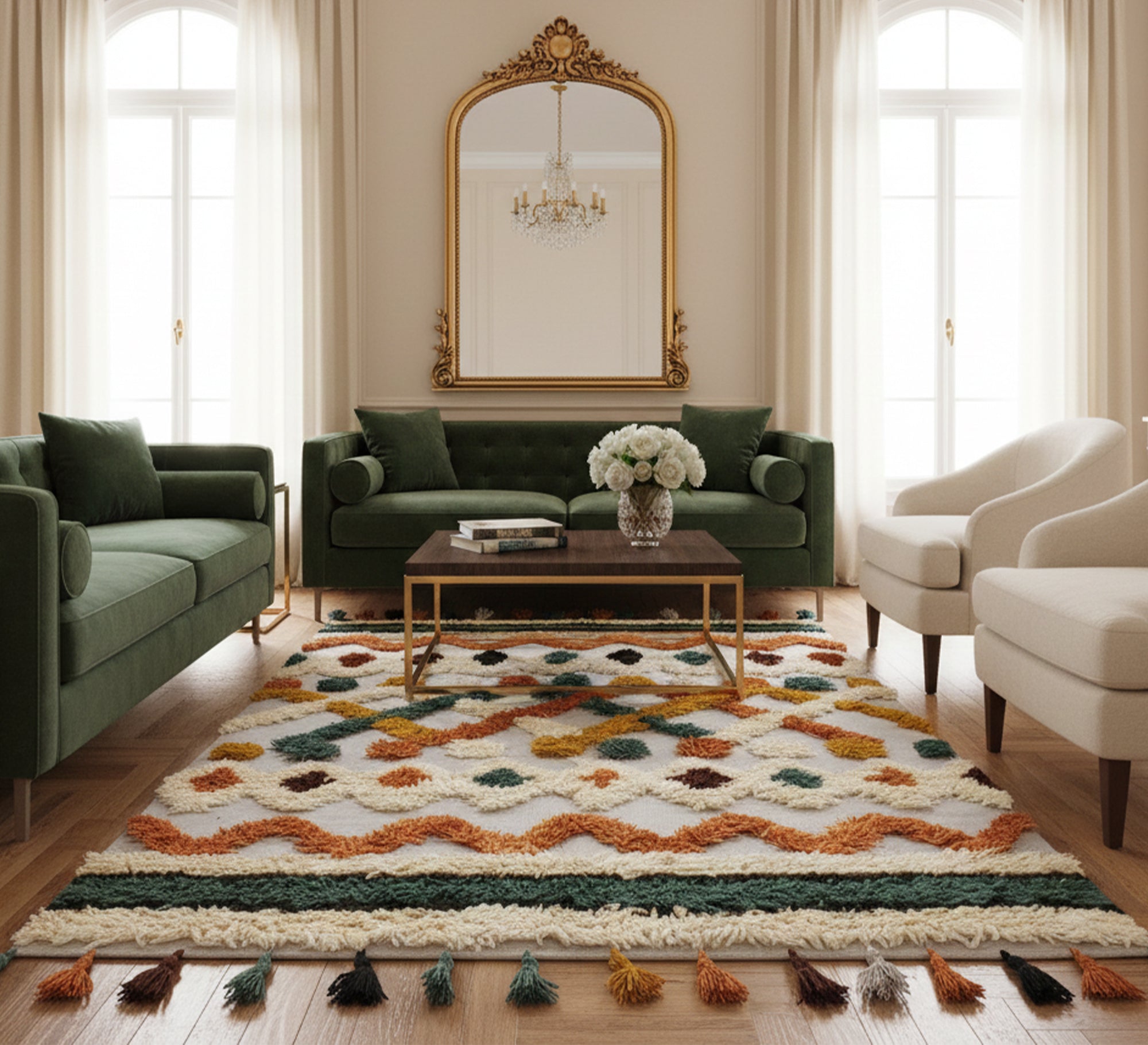 A boho rug with geometric patterns and bold colors, featuring multiple fringes - Vitrine Furniture - Accessories