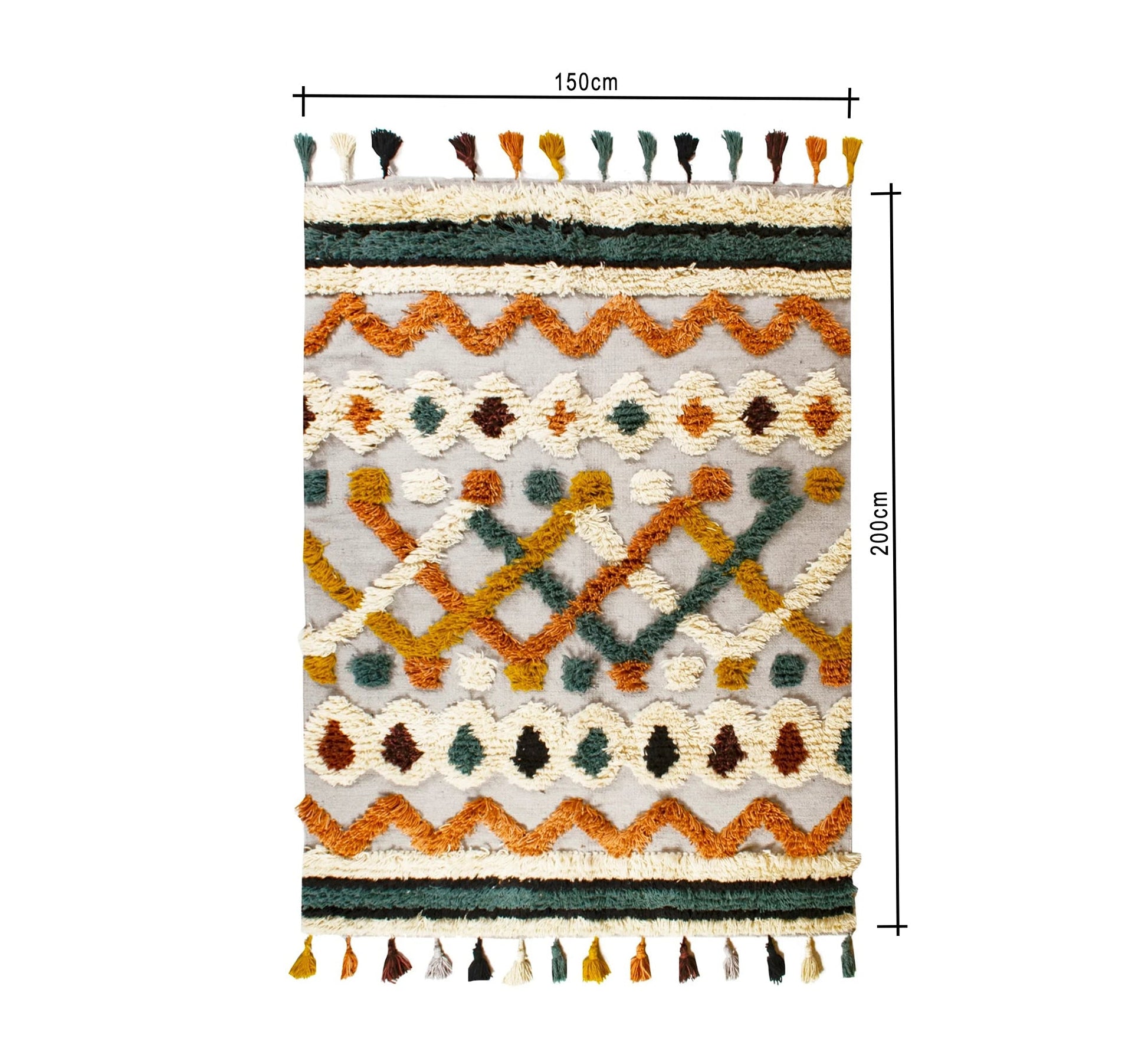 A boho rug with geometric patterns and bold colors, featuring multiple fringes - Vitrine Furniture - Accessories