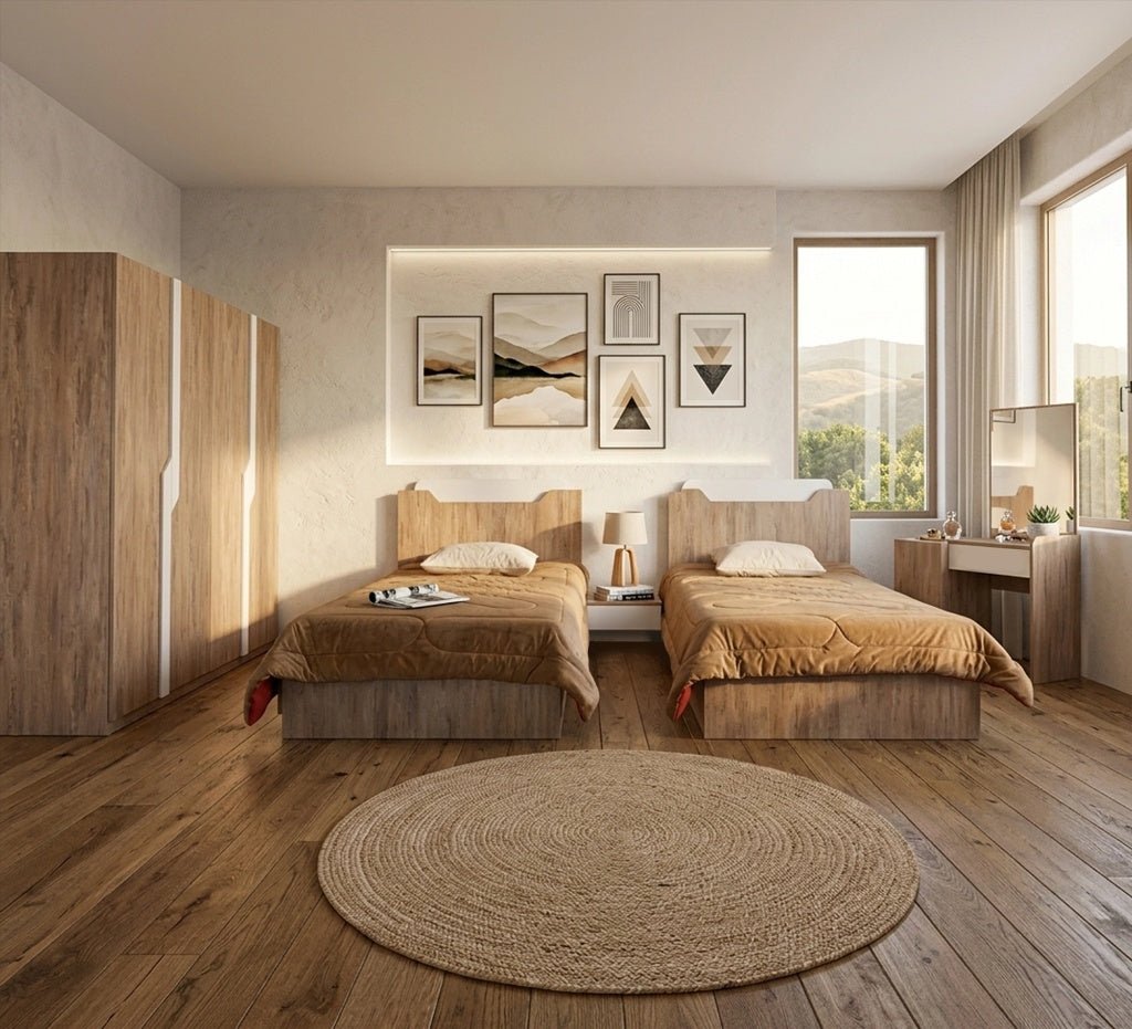 A boys' bedroom in a wood color with white accents - Vitrine Furniture - Kids Room Set
