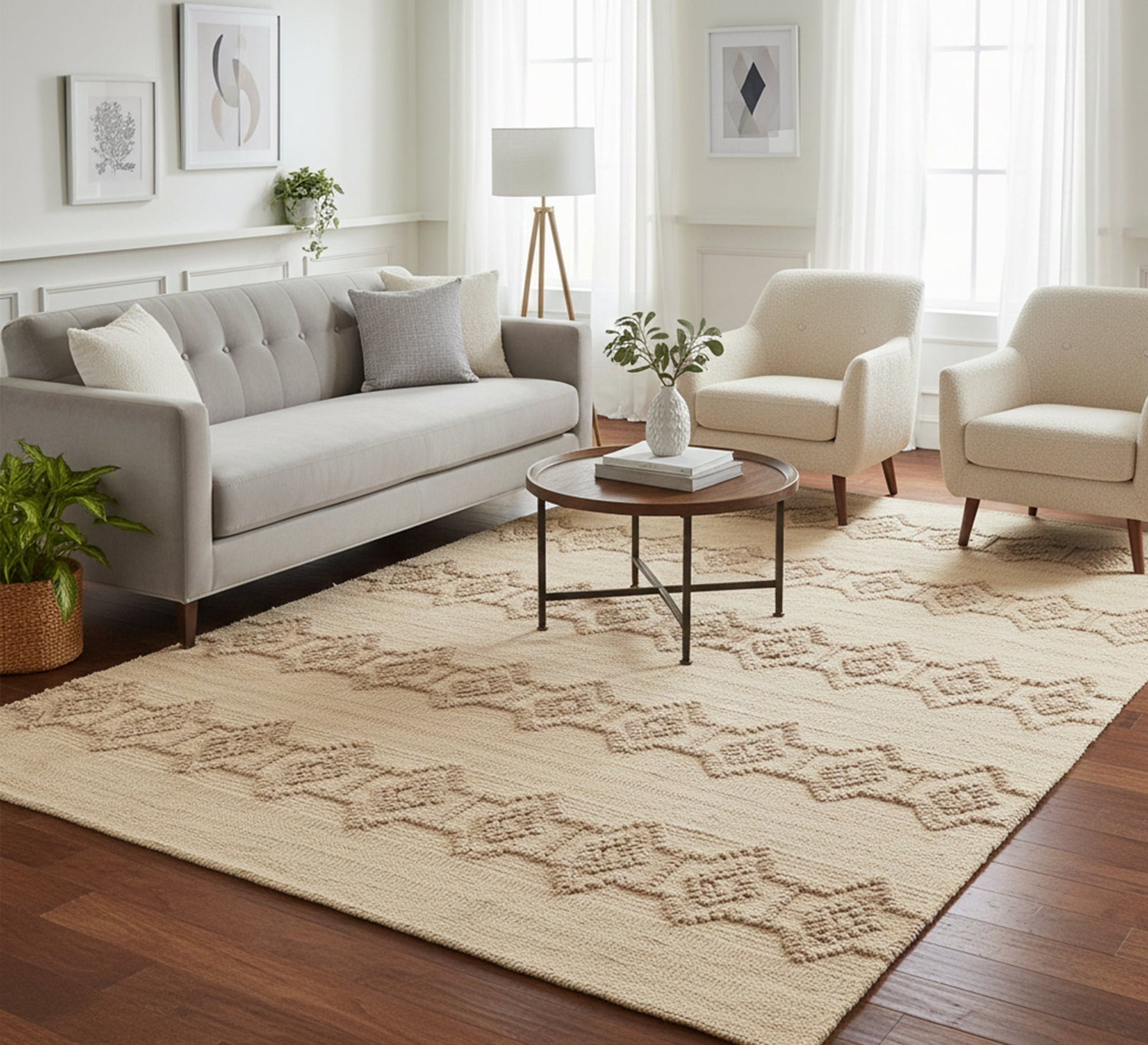 A calm, elegant beige rug featuring rows of woven diamonds - Vitrine Furniture - Accessories