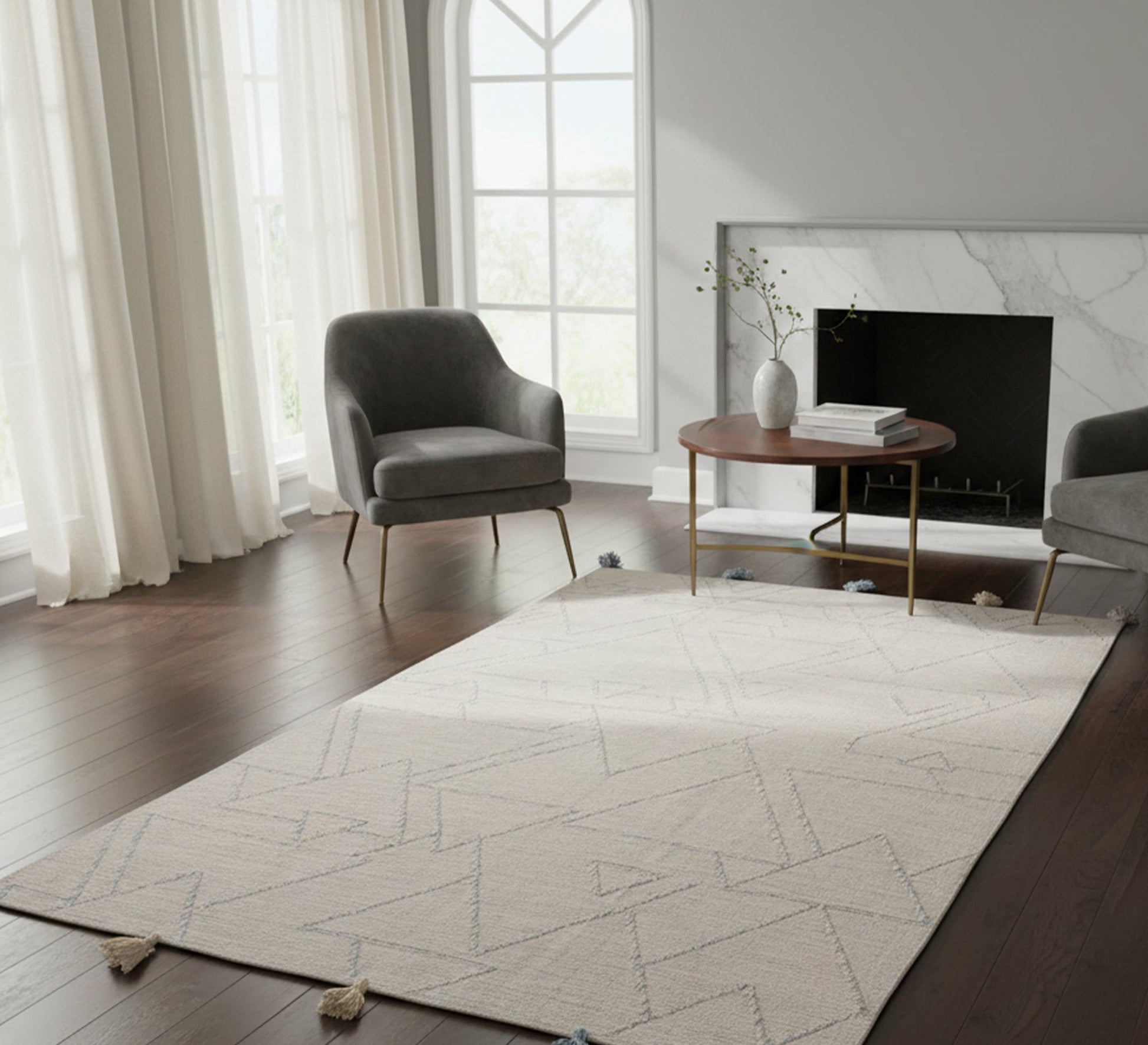 A calm, light gray rug woven with a boho triangle pattern - Vitrine Furniture - Accessories