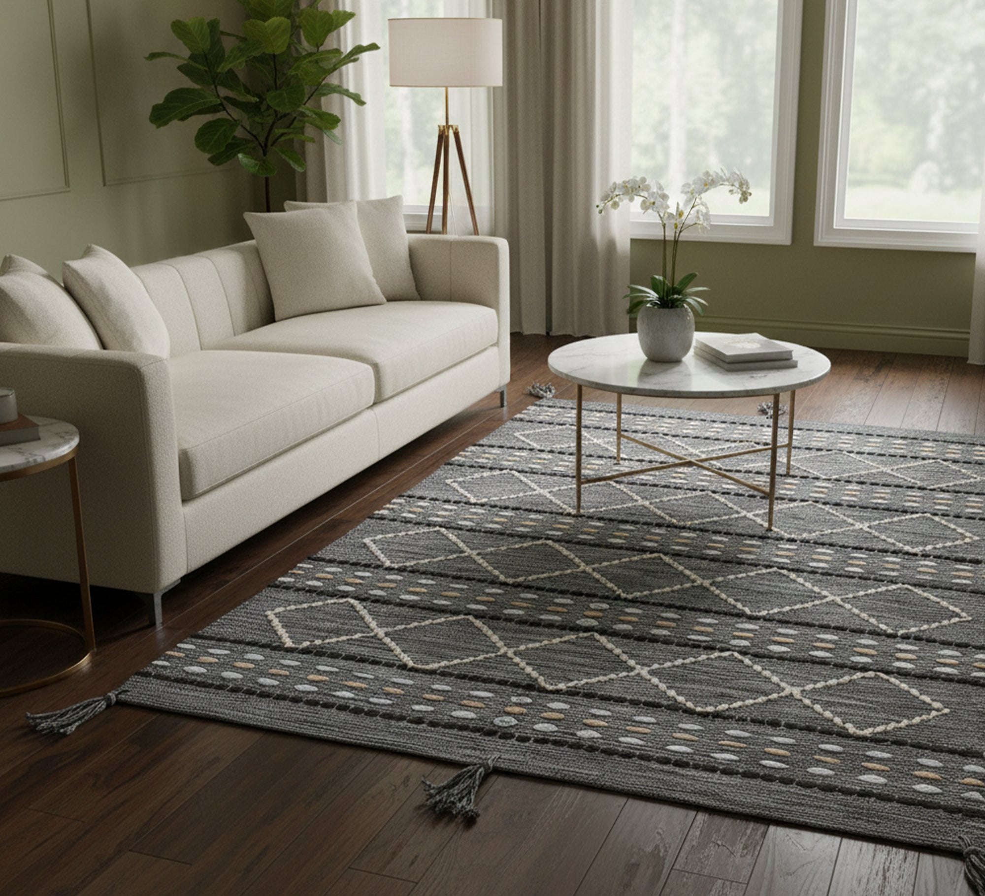 A colorful, modern, striped gray rug with diamond patterns - Vitrine Furniture - Accessories