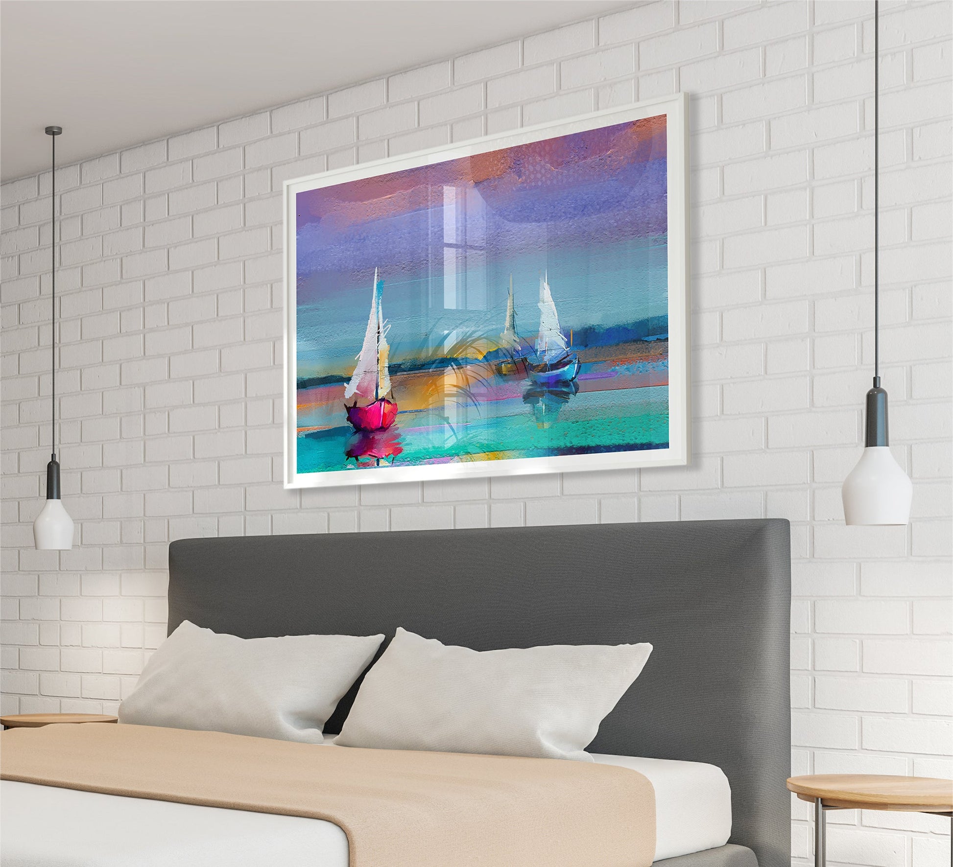 A colorful painting of sailboats - Vitrine Furniture - Décor