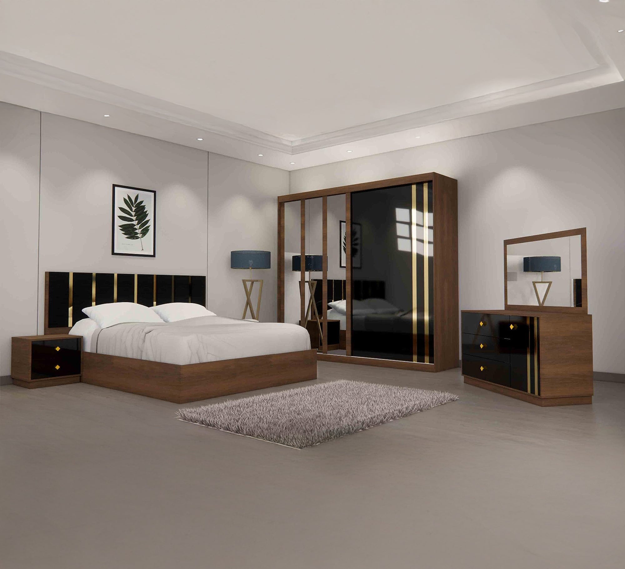 A complete youth bedroom in brown color with 2 nightstands - Vitrine Furniture - Bed Sets