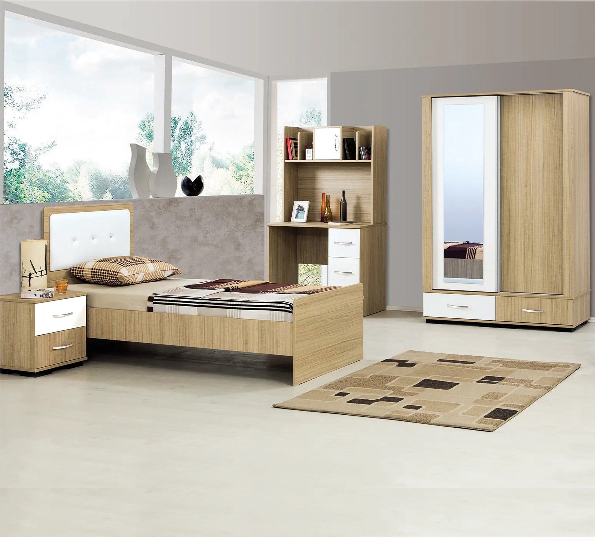 A complete youth room, beige, with a library of books - Vitrine Furniture - Bed Sets
