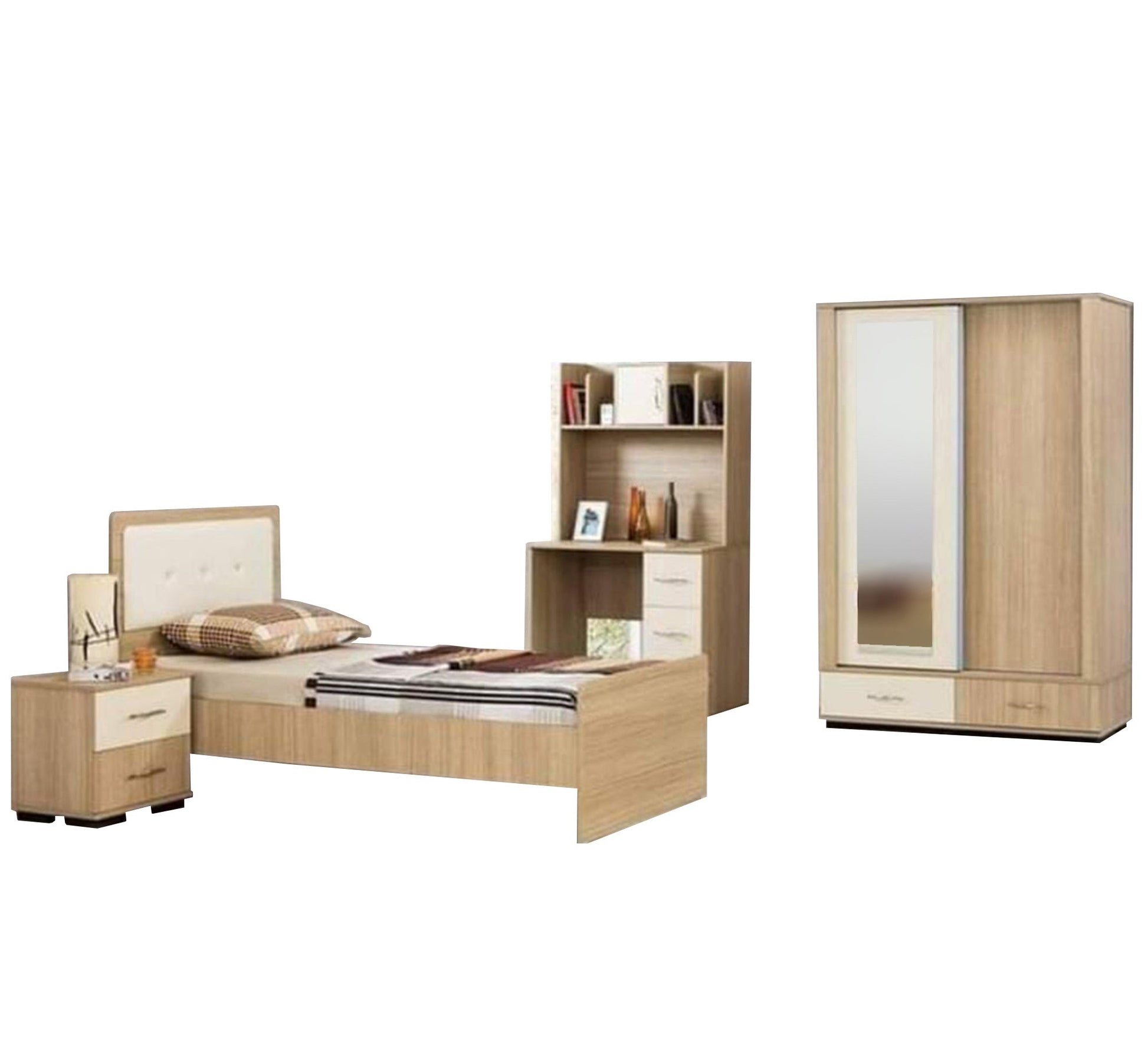 A complete youth room, beige, with a library of books - Vitrine Furniture - Bed Sets