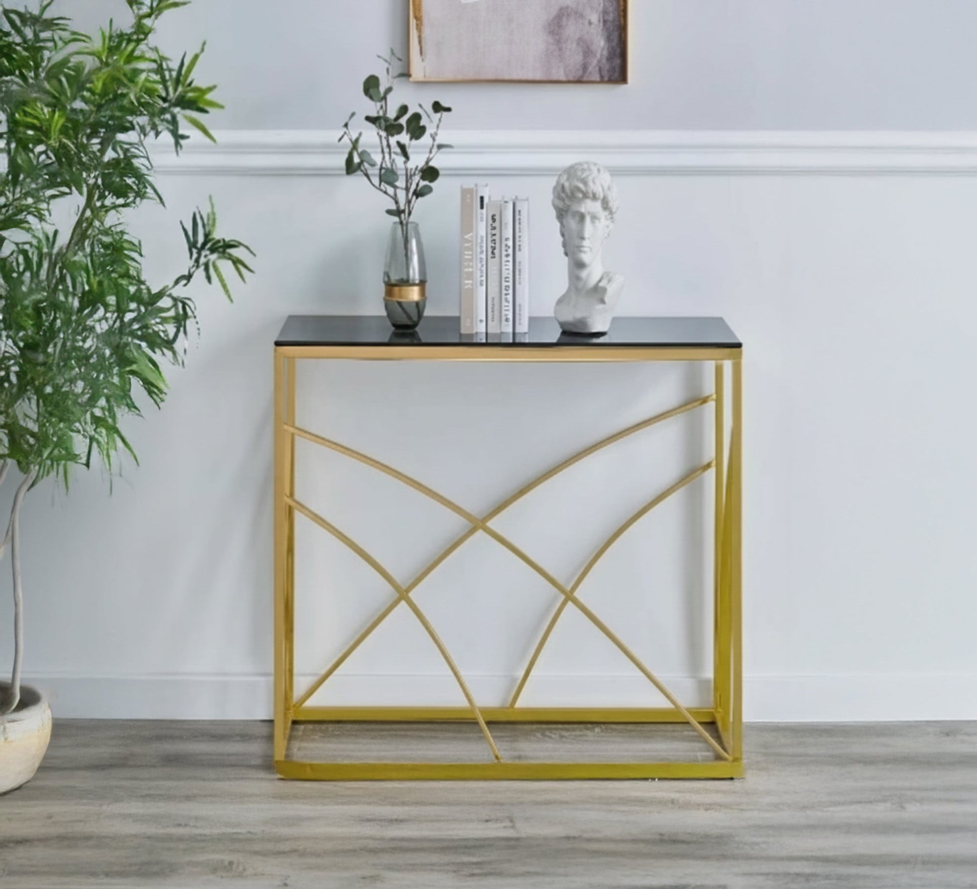 A console combining black glass and gold steel - Vitrine Furniture - Furniture