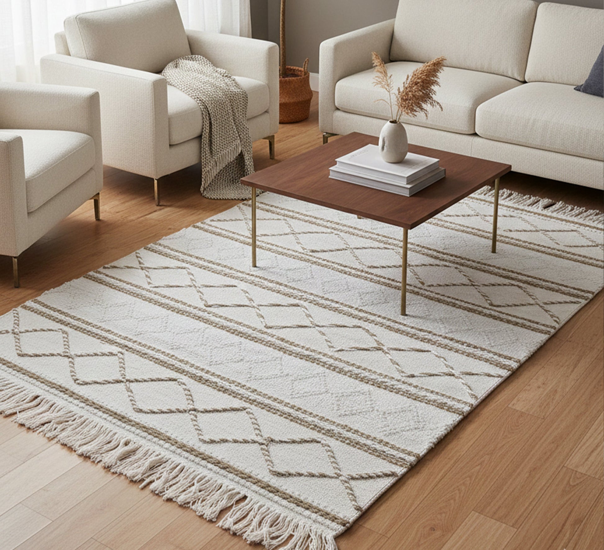 A cotton rug with a light and elegant diamond design - Vitrine Furniture - Accessories