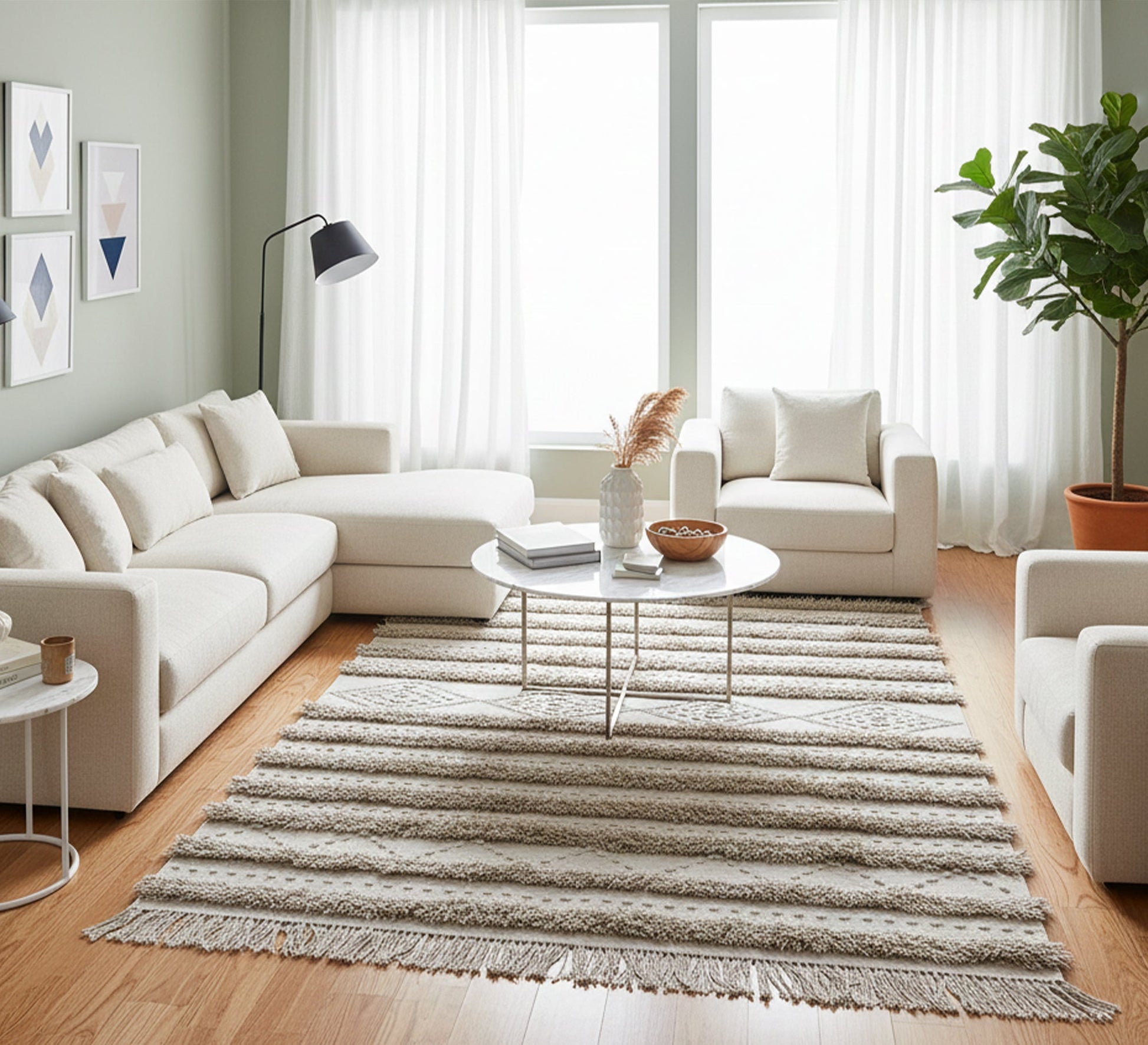 A cream rug with a brown fuzzy pattern and diamond lines - Vitrine Furniture - Accessories