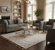 A decorative white boho rug with a three - pointed star and diamond patterns - Vitrine Furniture - Accessories