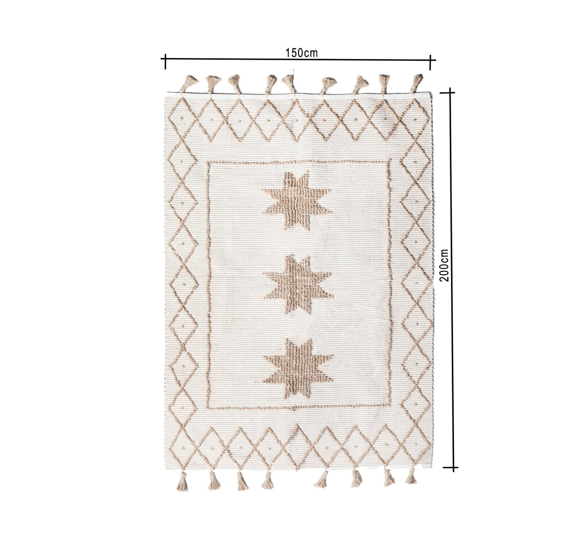 A decorative white boho rug with a three - pointed star and diamond patterns - Vitrine Furniture - Accessories