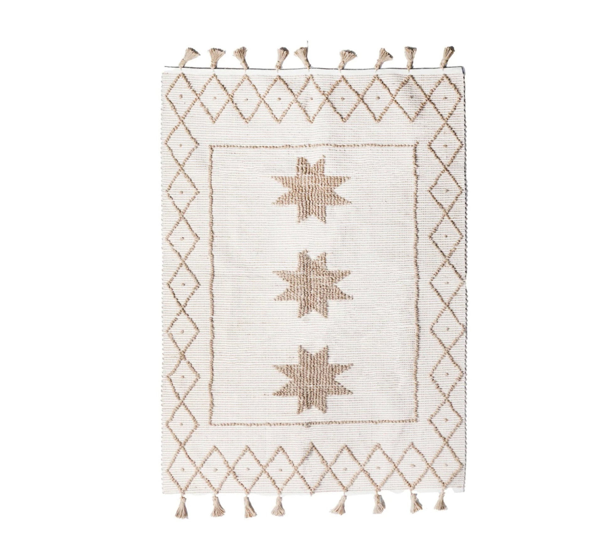 A decorative white boho rug with a three - pointed star and diamond patterns - Vitrine Furniture - Accessories
