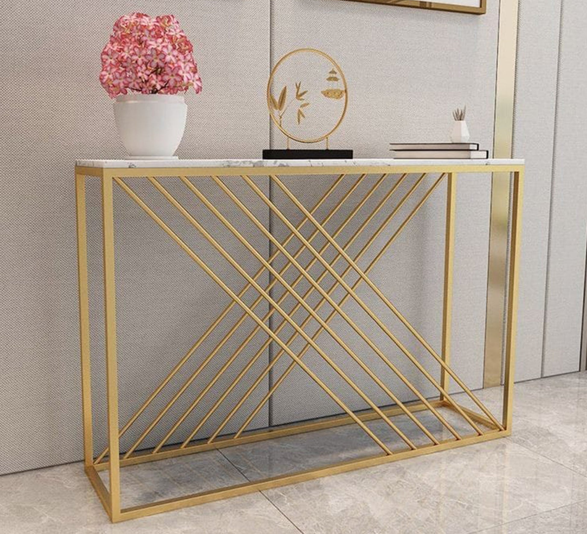 A gold - plated entryway console with a slanted base - Vitrine Furniture - Furniture