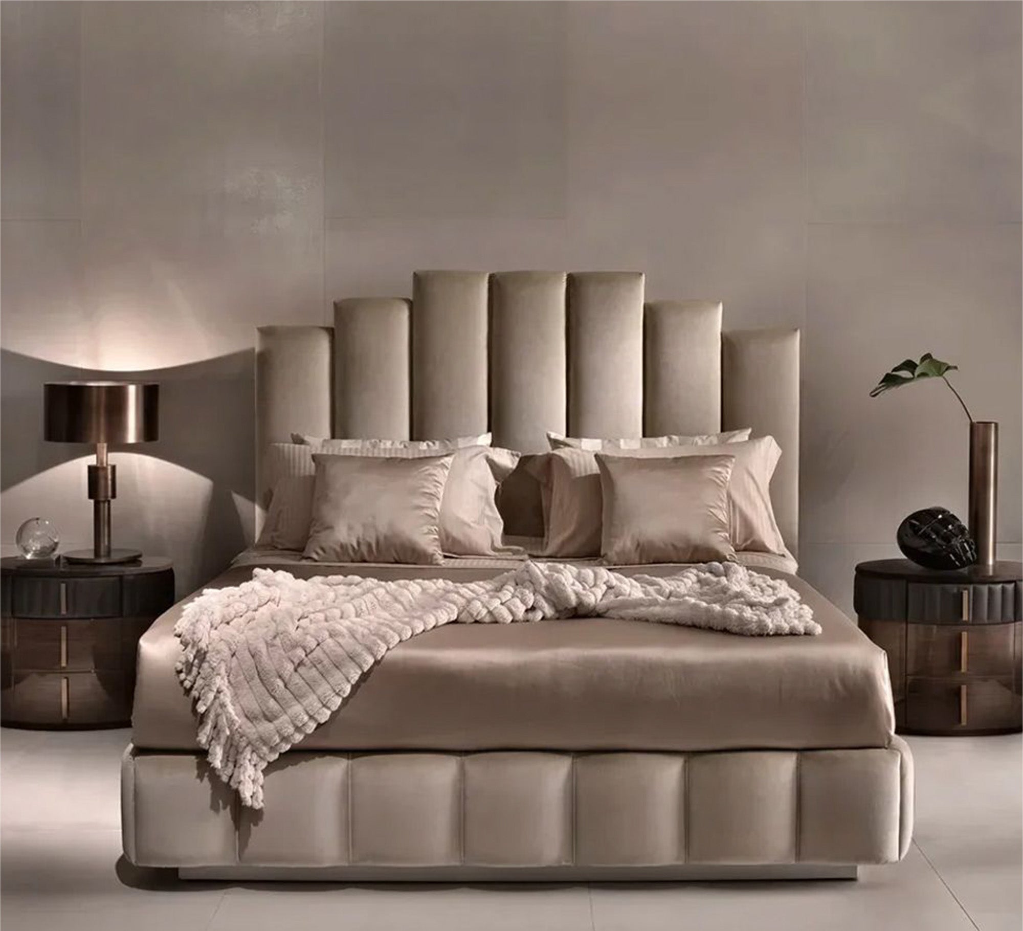 A golden bed with shiny velvet upholstery - Vitrine Furniture - Furniture