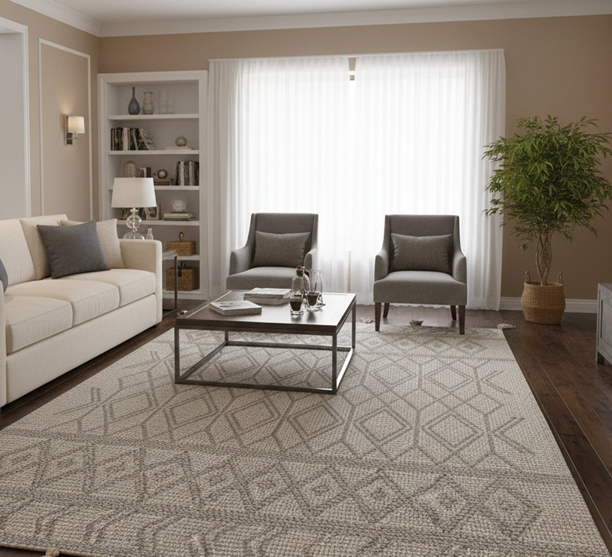 A gray and beige rug with a subtle, interlocking diamond pattern - Vitrine Furniture - Accessories