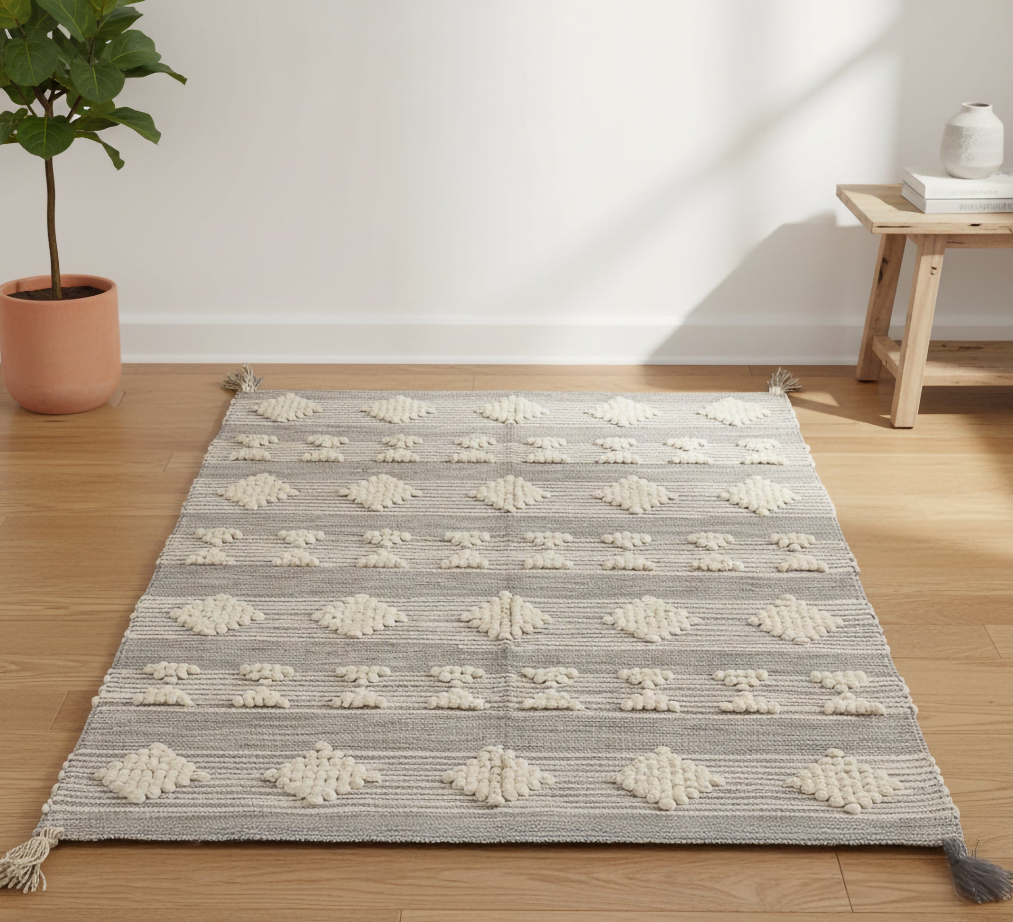 A gray and beige rug with raised diamond shapes - Vitrine Furniture - Accessories
