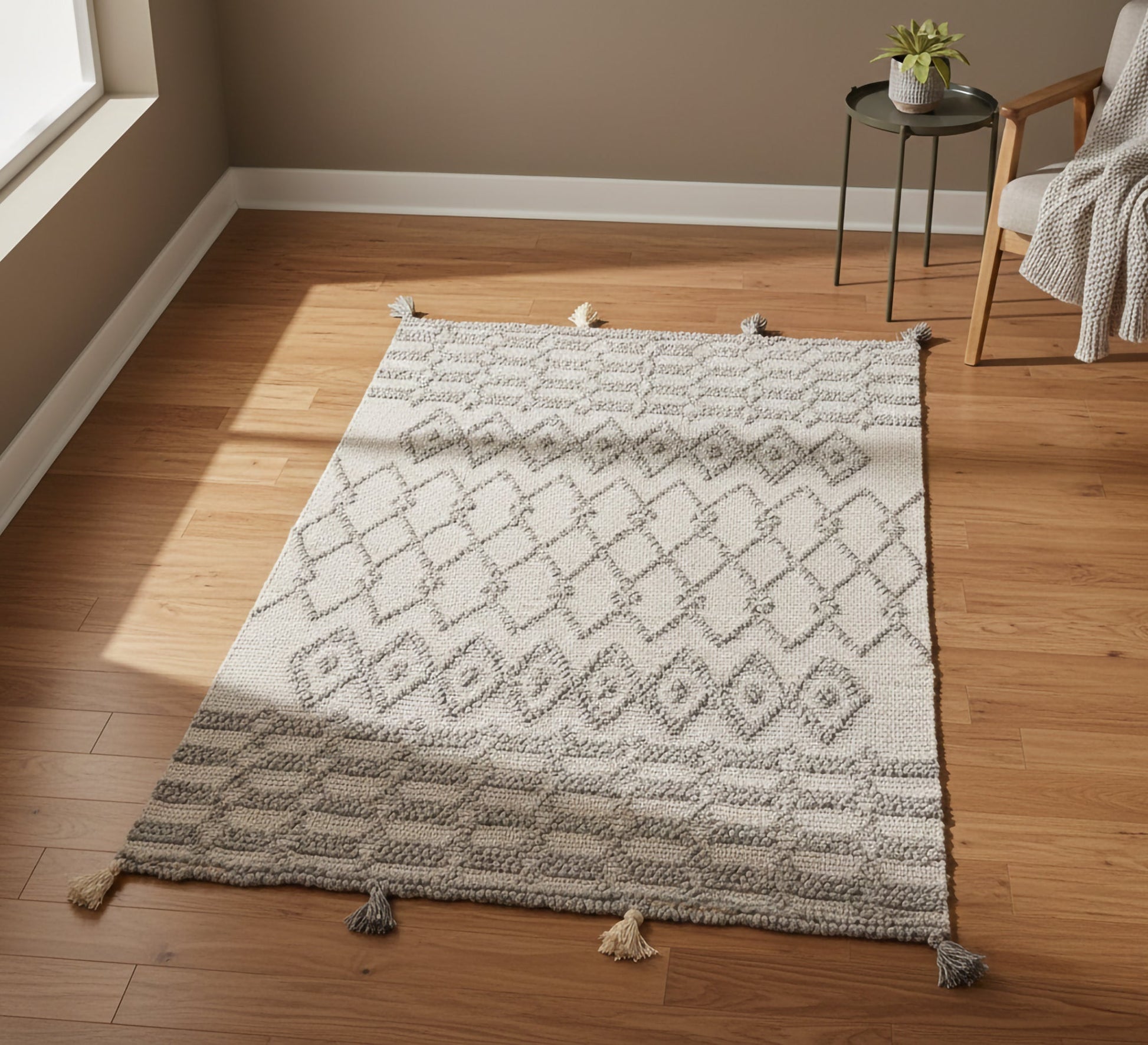 A gray rug with a raised, interlocking diamond pattern - Vitrine Furniture - Accessories