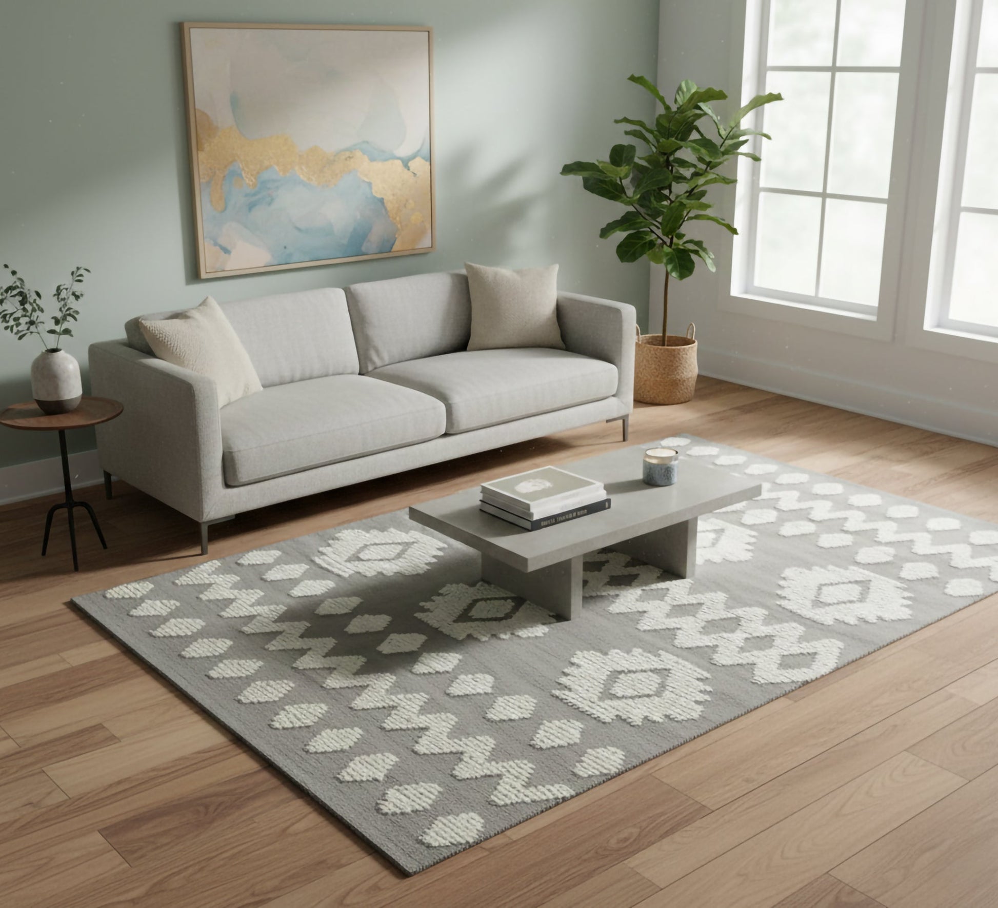 A gray rug with prominent and clear white geometric patterns - Vitrine Furniture - Accessories
