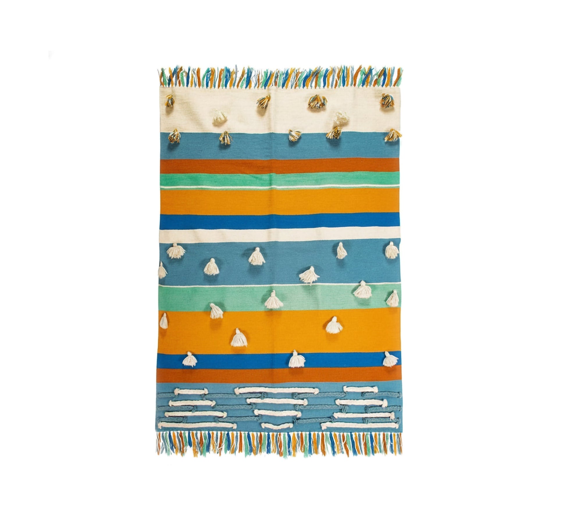 A horizontally striped rug in various colors and with fringe. - Vitrine Furniture - Accessories