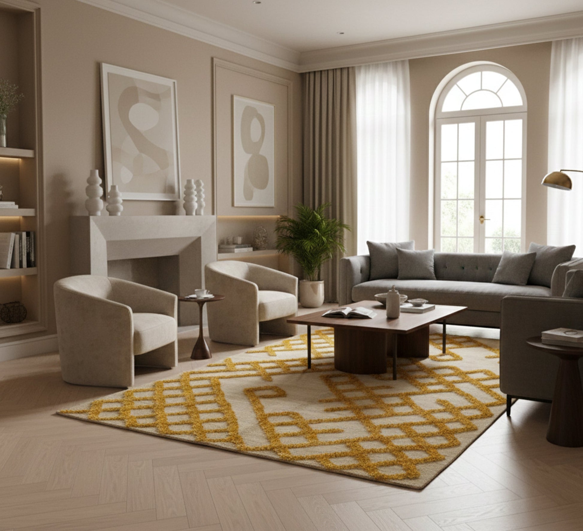 A light beige rug featuring a prominent yellow mesh - Vitrine Furniture - Accessories