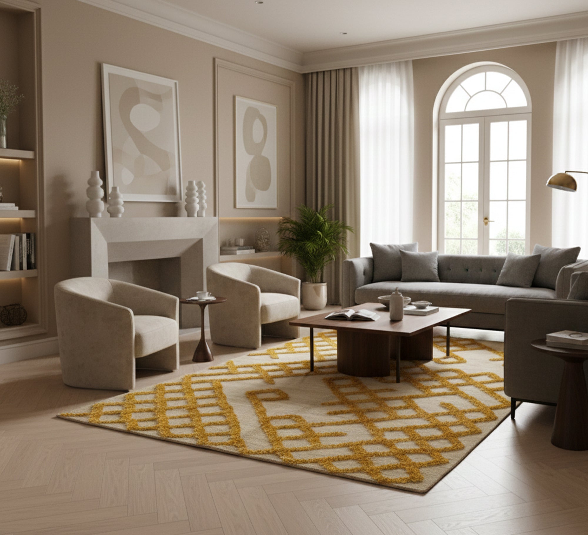 A light beige rug featuring a prominent yellow mesh - Vitrine Furniture - Accessories