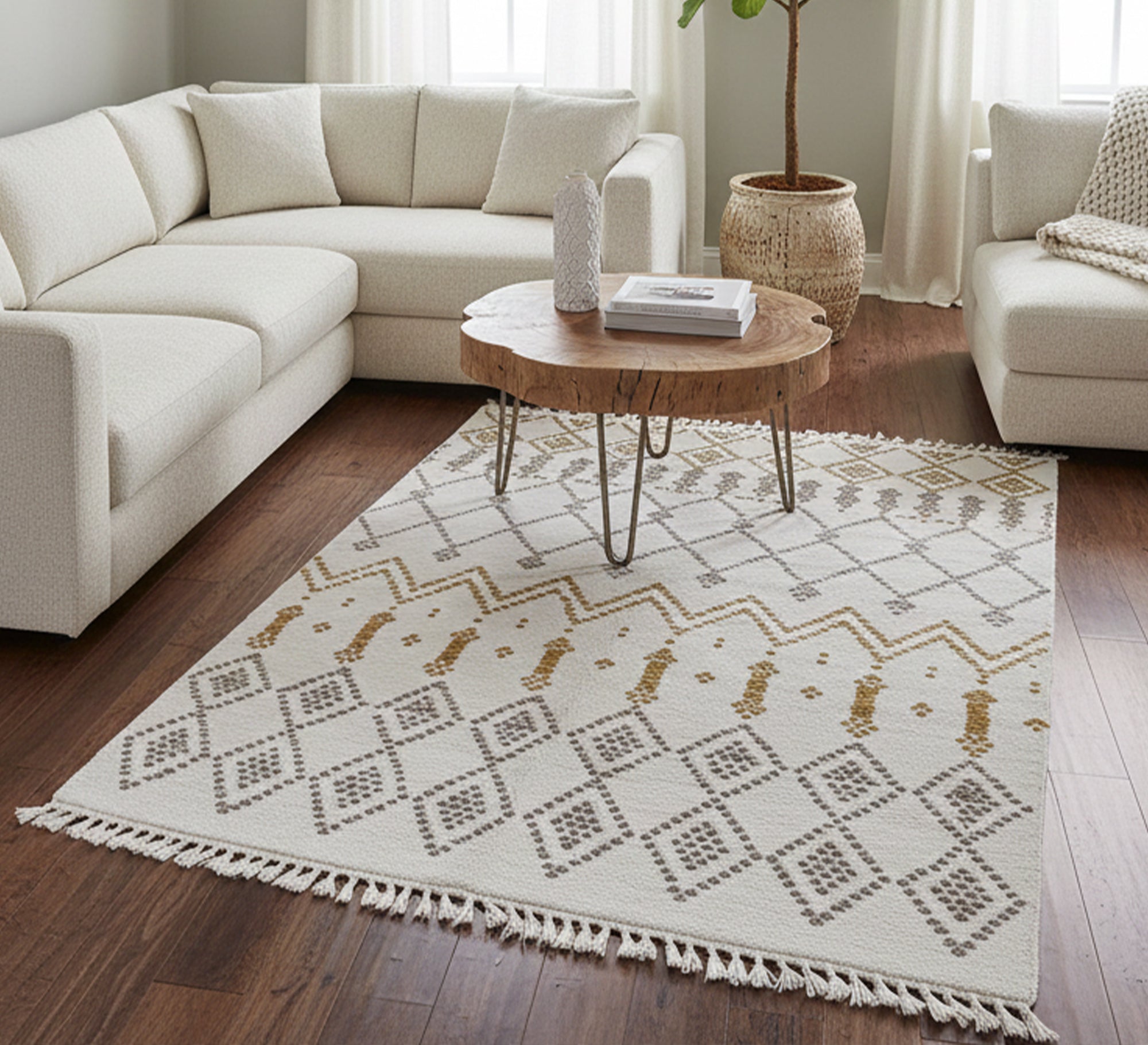 A light beige rug with a wide and repeated diamond pattern - Vitrine Furniture - Accessories