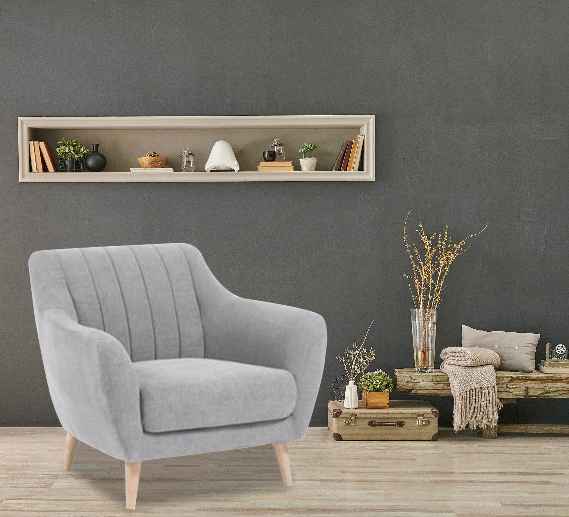 A light gray footstool with recessed longitudinal lines - Vitrine Furniture - Chairs & Chaise lounge
