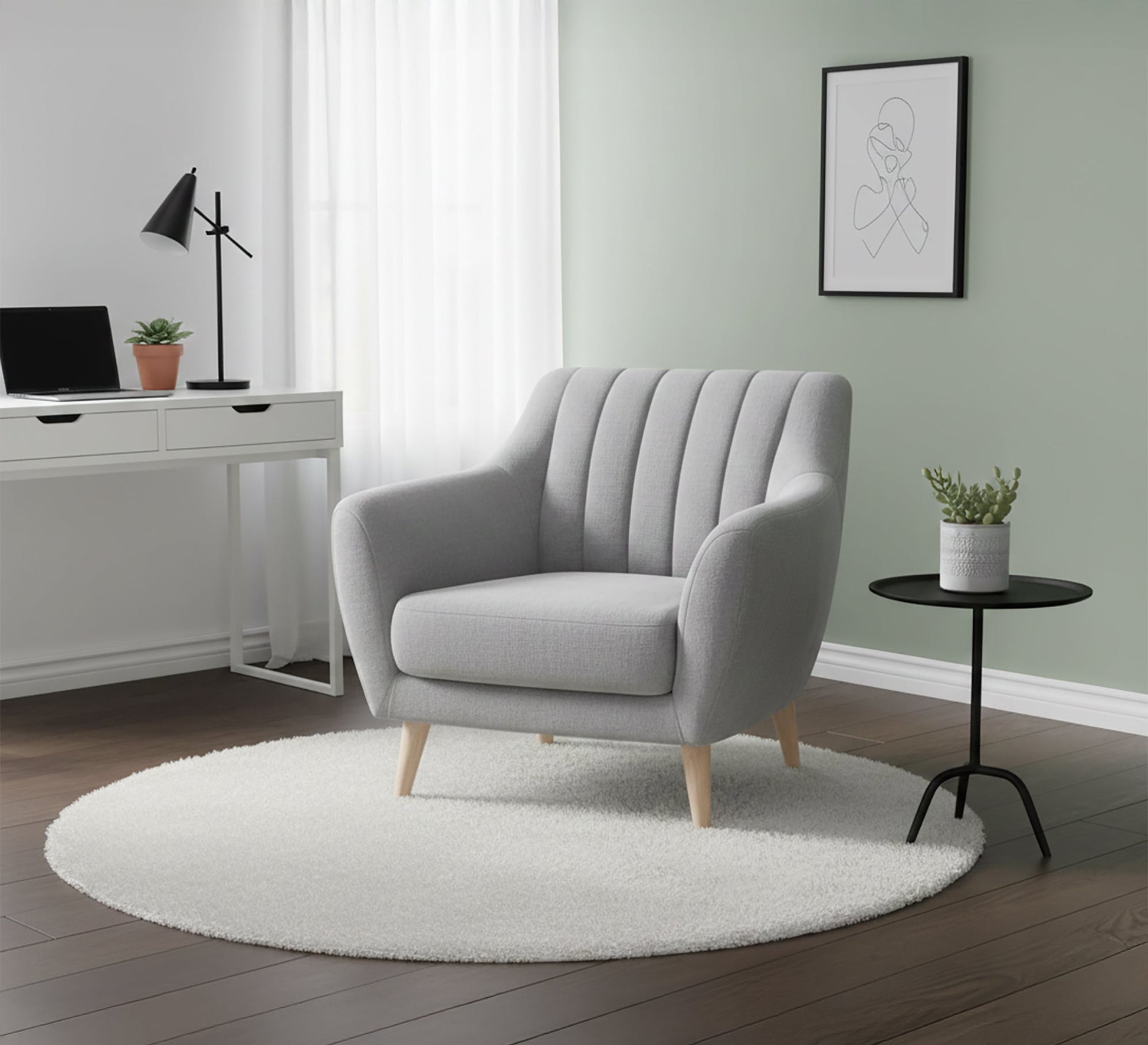 A light gray footstool with recessed longitudinal lines - Vitrine Furniture - Chairs & Chaise lounge