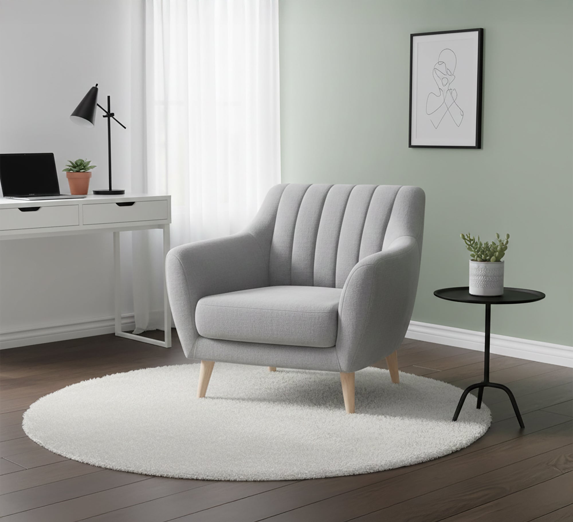 A light gray footstool with recessed longitudinal lines - Vitrine Furniture - Chairs & Chaise lounge