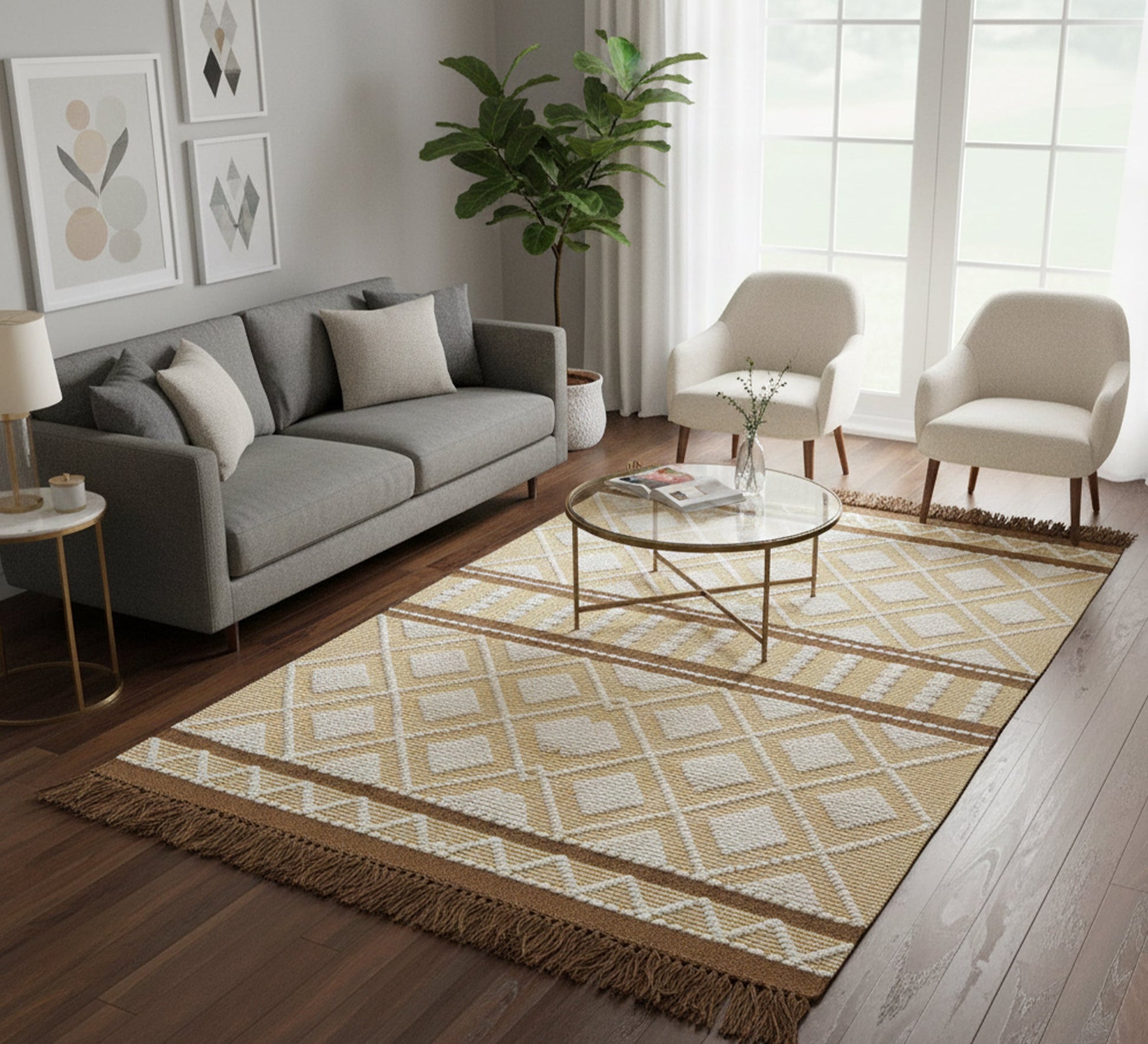 A modern and bold yellow and brown rug with geometric patterns - Vitrine Furniture - Accessories