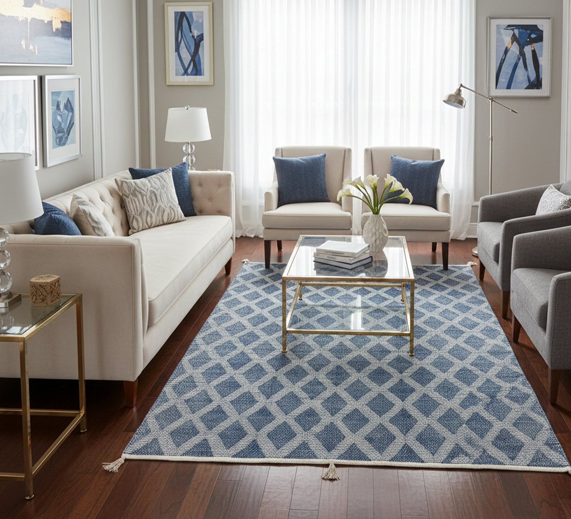 A modern blue and white rug with a knotted diamond pattern - Vitrine Furniture - Accessories