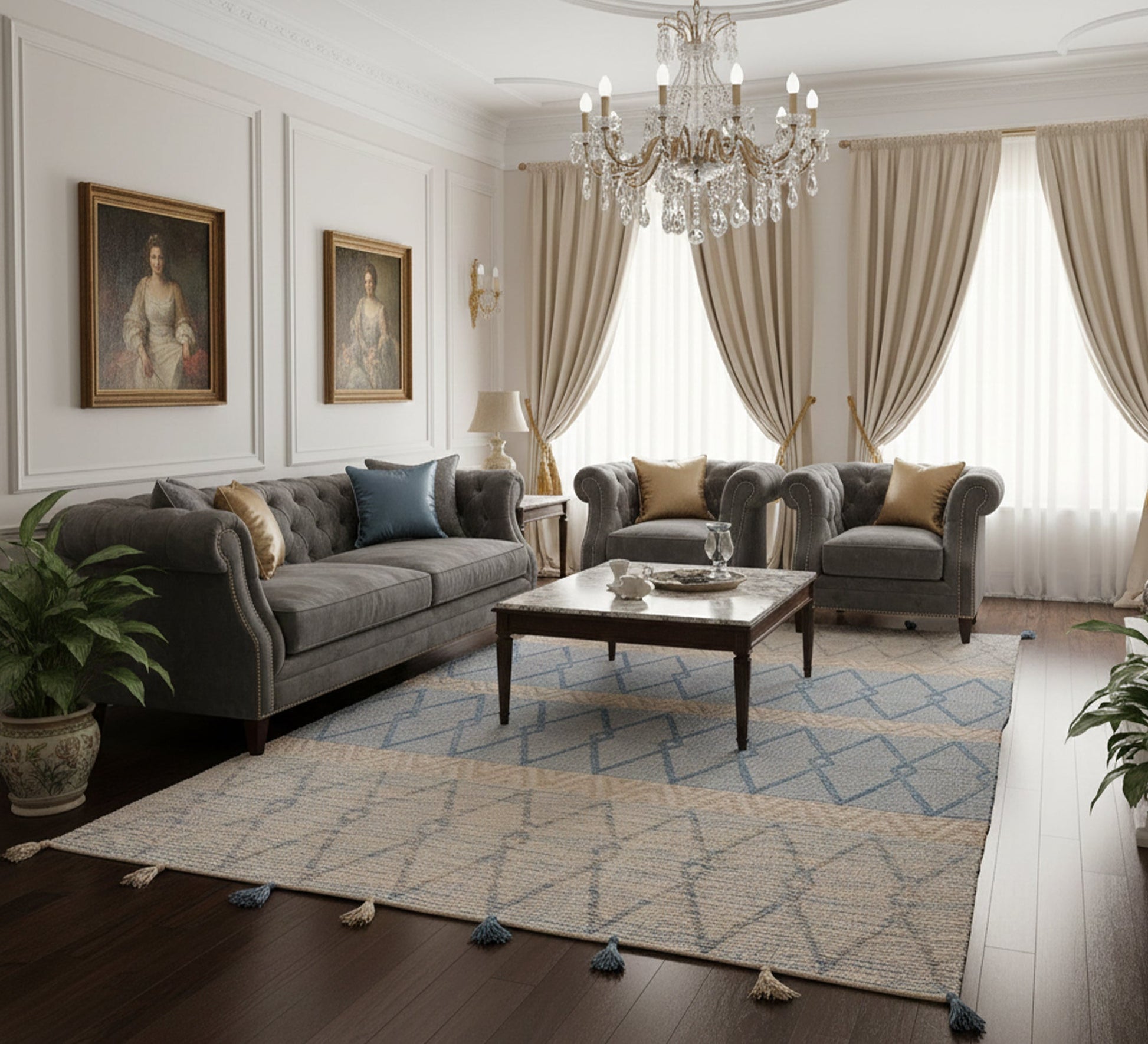 A modern, light blue rug with diamond and striped patterns - Vitrine Furniture - Accessories